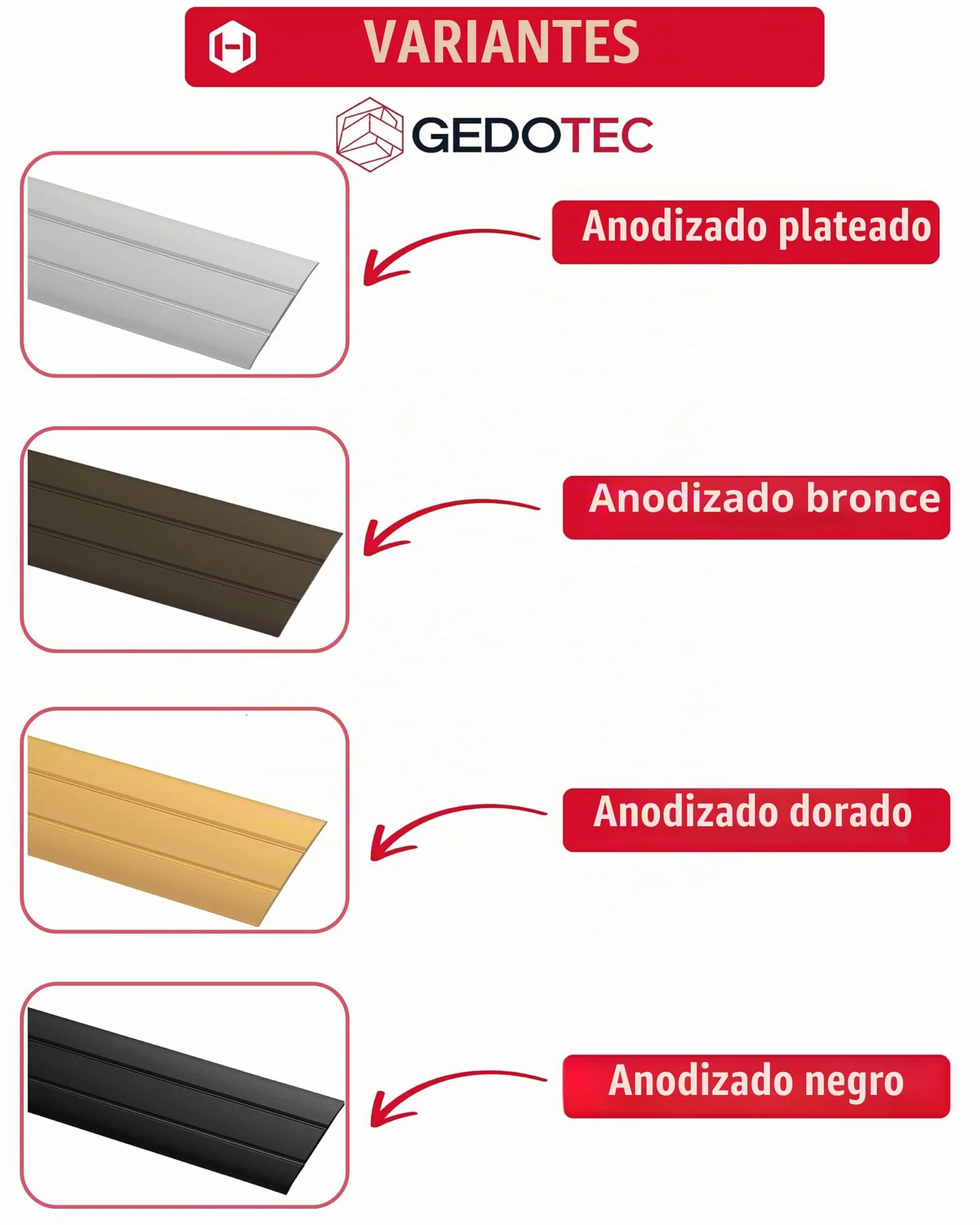 Gedotec Perfil de transicion autoadhesivo Plata 2000 mm alu - Longitud 2 m anchura 37 mm - aluminio anodizado - Made in Germany - sin taladrar - listón umbral