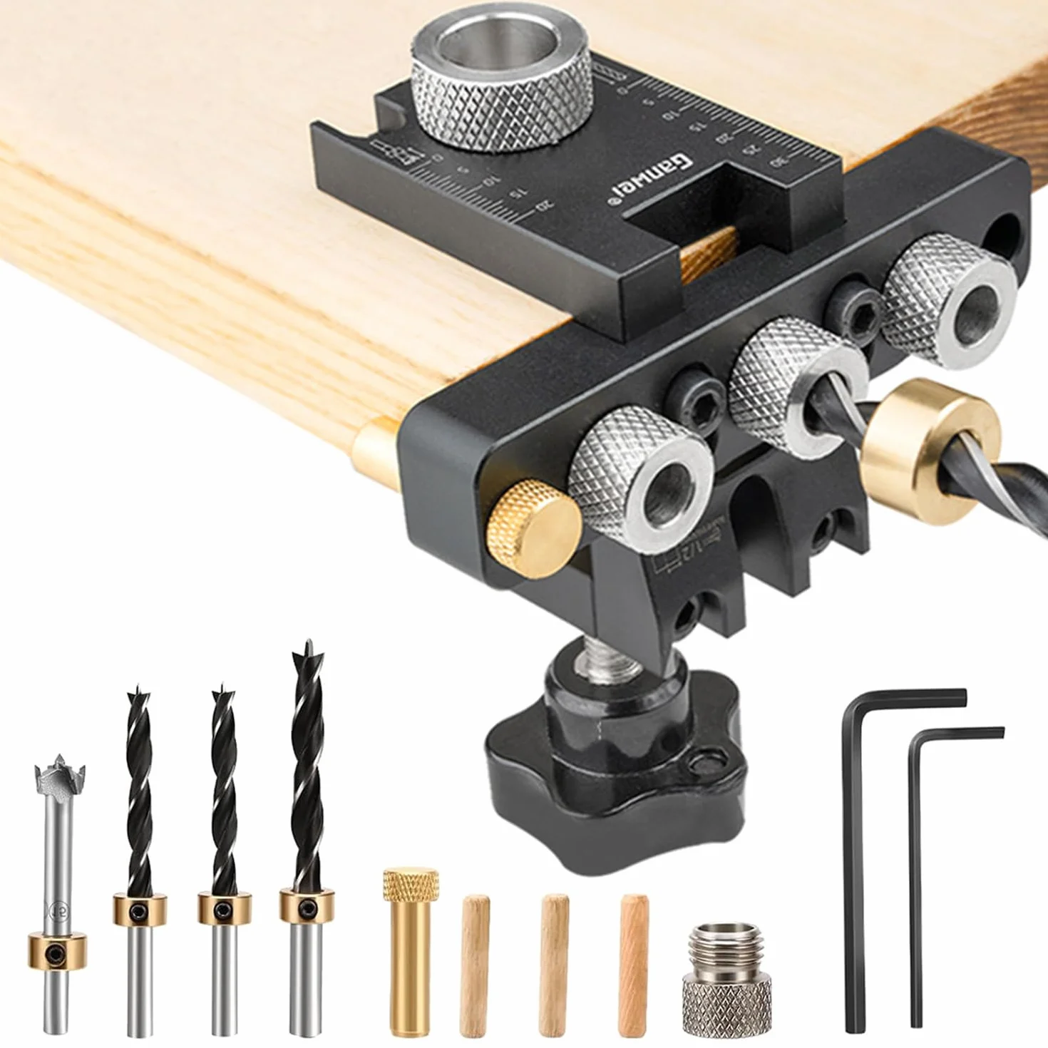 FIVAVA 3 en 1 Plantilla de Perforación 8/10/15mm, Guía Ajustable con Clip de Posicionamiento, Kit para Tacos de Madera y Bisagra Oculta, Herramientas de Carpintería para Muebles
