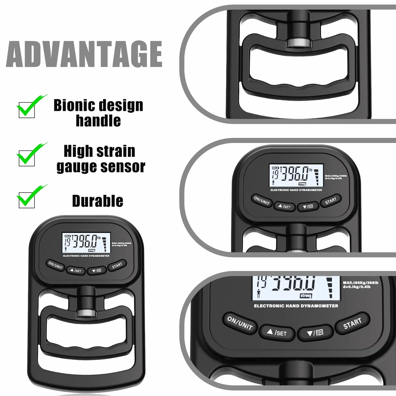 Medidor de fuerza digital manual, 396 lb/180 kg, color negro, dinamómetro de mano con cable de carga USB, gran pantalla LED