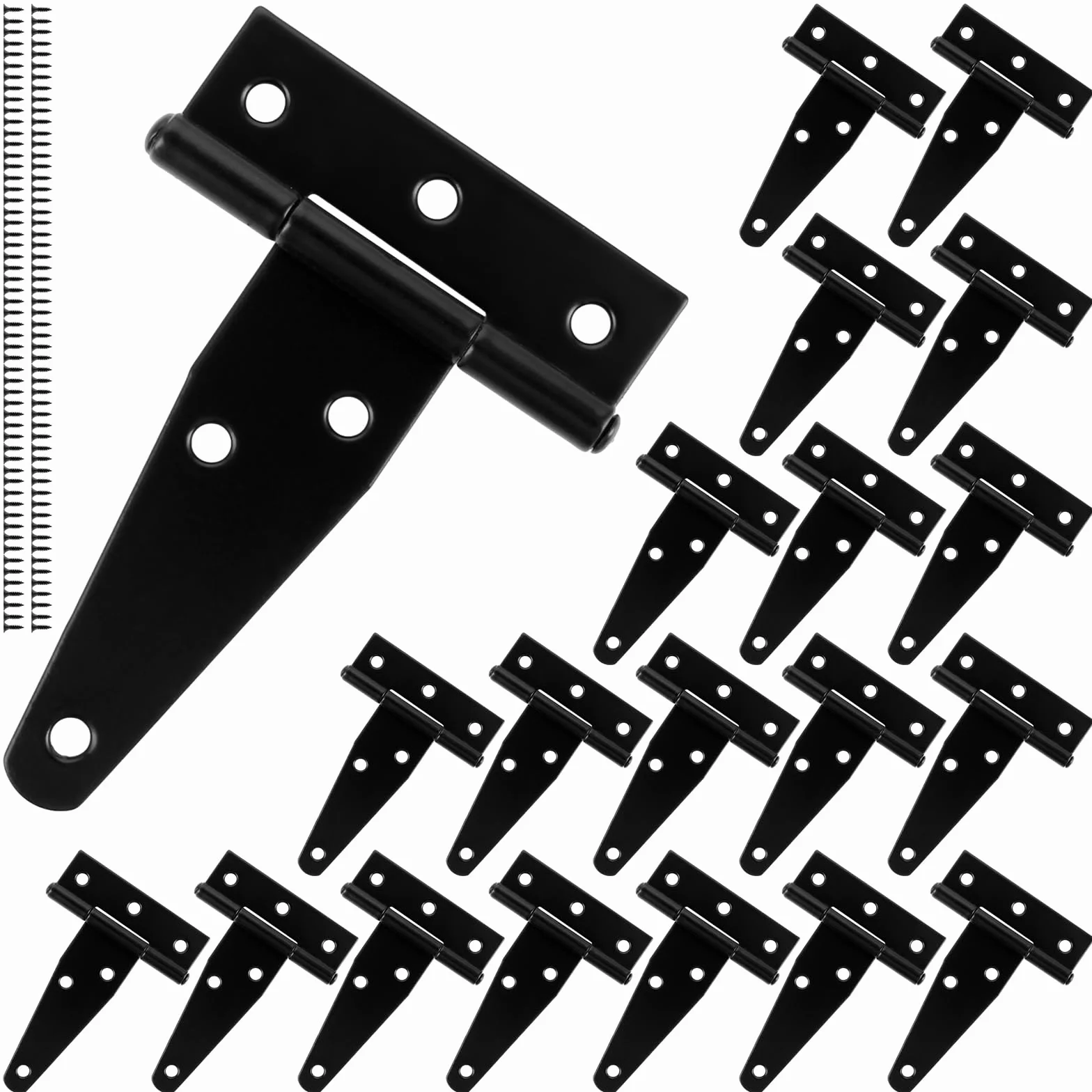 Bisagra en T de 75 mm, 20 unidades, color negro, con forma de T, bisagra plegable, resistente con 140 tornillos para puertas de madera, puertas de cobertizo, puertas de jardín, ventanas