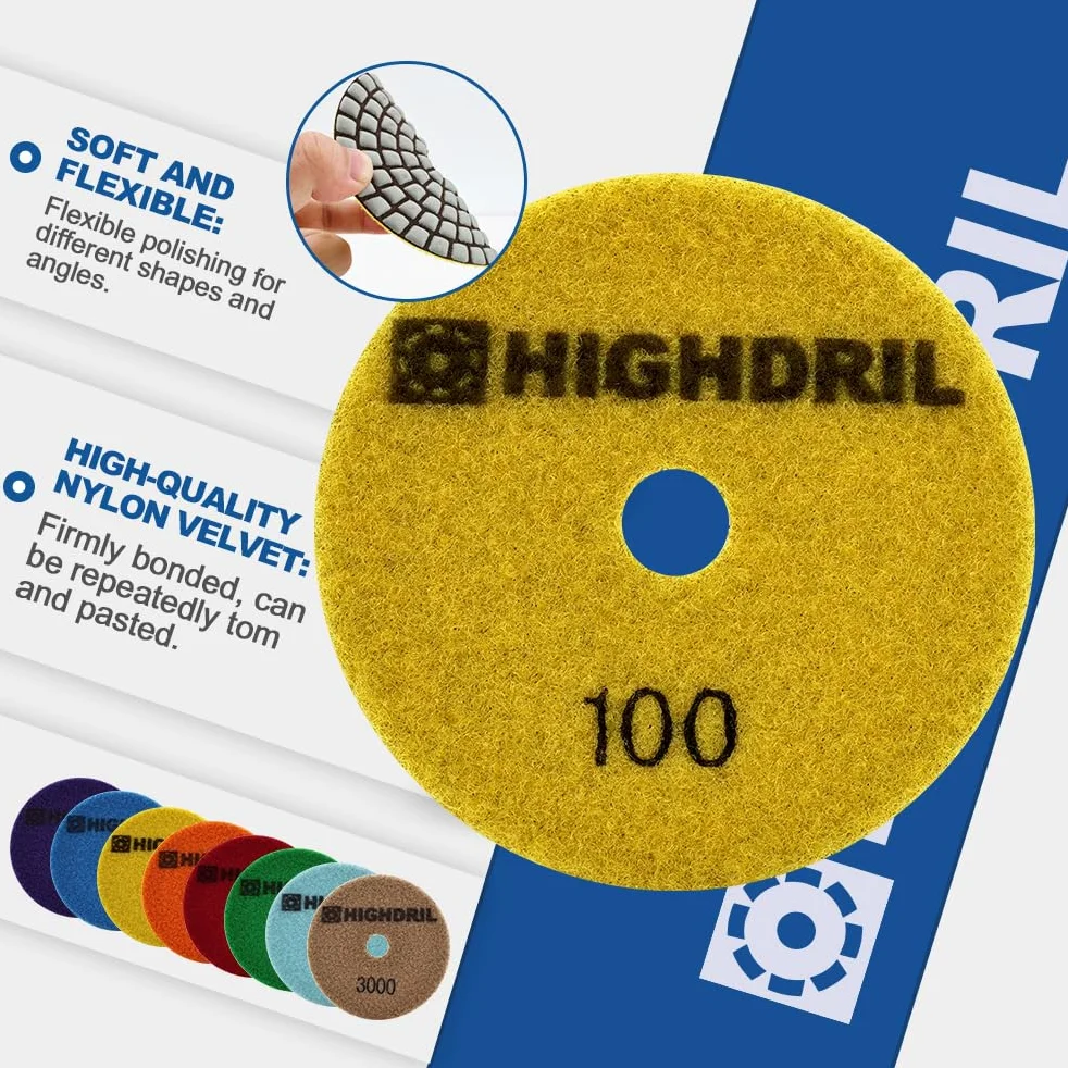 HIGHDRIL Disco Pulido Diamante Set - 8 Piezas 100mm Grano #50x3/100x3/200x2 Almohadilla Pulir Suelo + M14 Soporte Plástico + Adaptador para Abrillantar Mármol Granito Hormigón Piedra