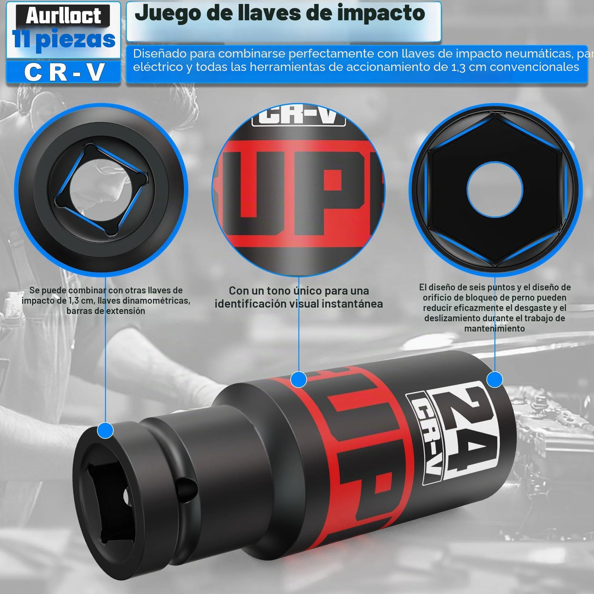 11 Piezas Juego de Llaves de Vaso, 10-24mm llaves de Vaso Impacto 1/2“, con 1/4" a 1/2" Adaptador de Dado, Vaso de Impacto Ferramentas Auto para Reparación de Coches Cambio de Neumáticos