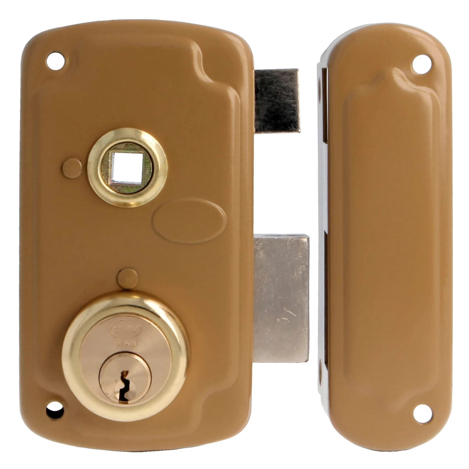 Amig - Cerradura de Sobreponer de Derecha con Palanca de Cierre, Lengüeta y Tirador para Puertas de Madera Mod. 75UN 66 x 120 mm Cilindro Redondo de Seguridad Acero Dorado