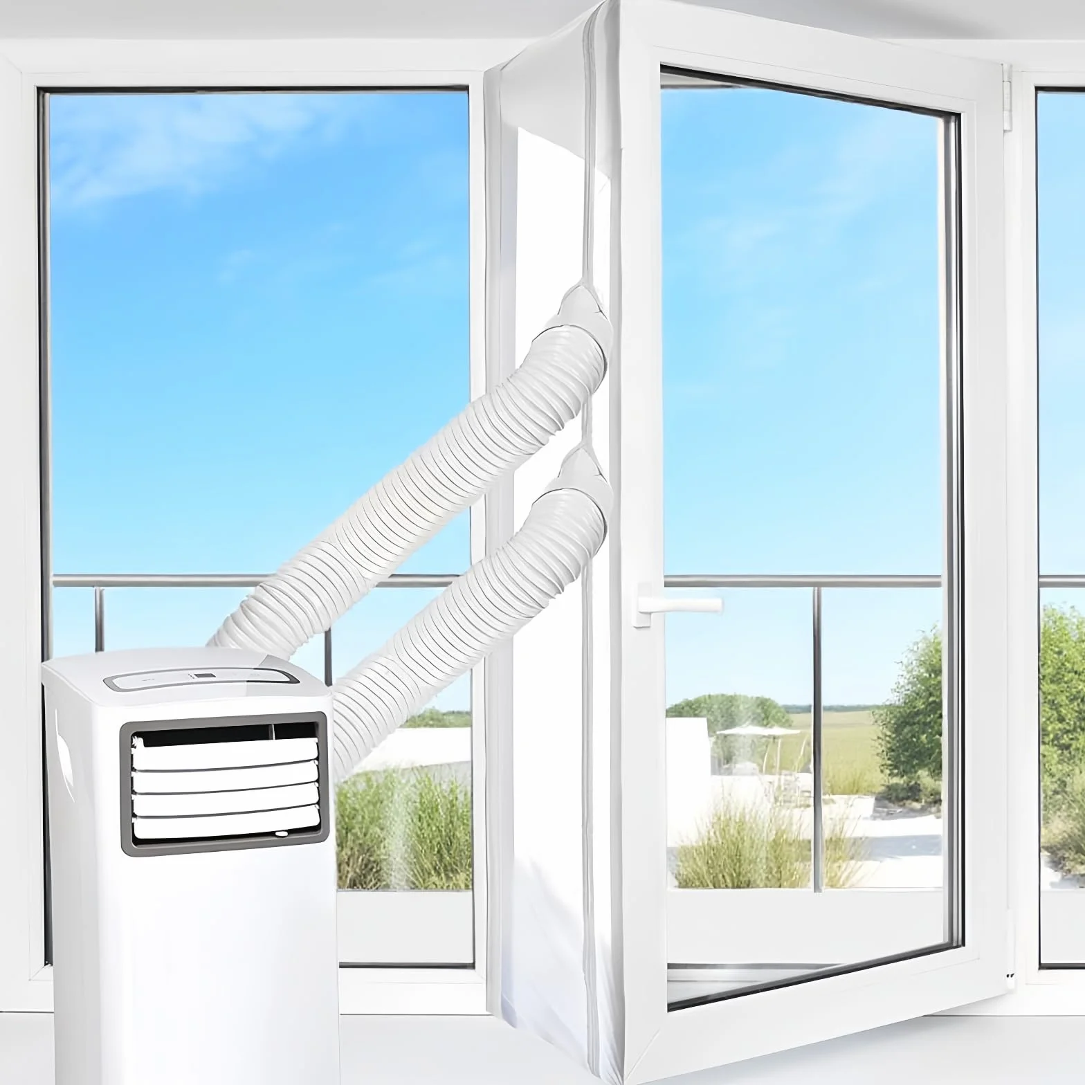 Kit Sellado Ventana Aire Acondicionado Portátil, 400cm Dual Cremallera Cubierta Aislante Termico Ventanas Aire Acondicionado Bloquea El Aire Caliente