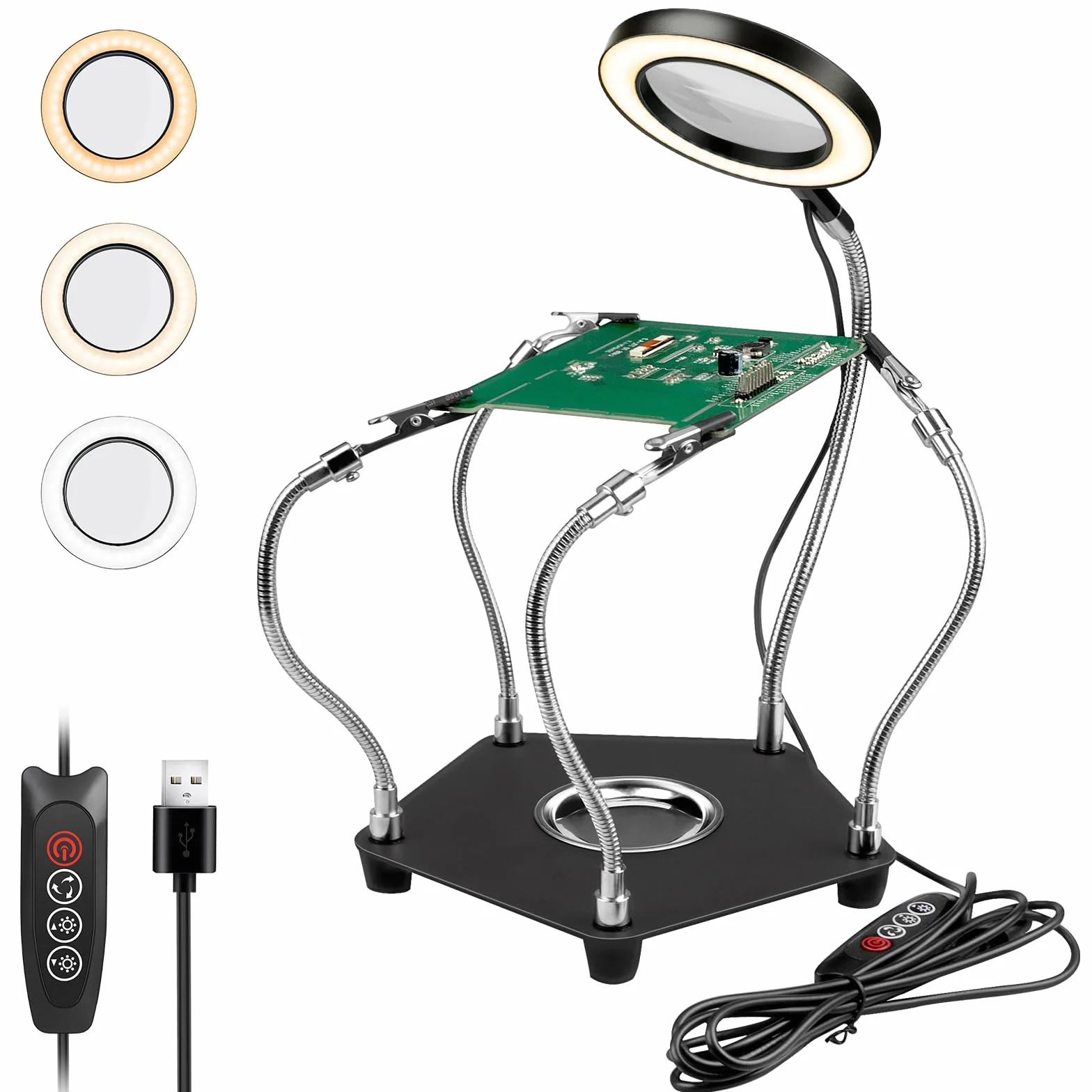 Lytool Soporte para Soldar con 3X Lupa, Tercera Mano Soldadura con Luz LED con 4 Piezas Pinzas de Cocodrilo Soldadura Herramienta para Soldar y Hacer Joyas