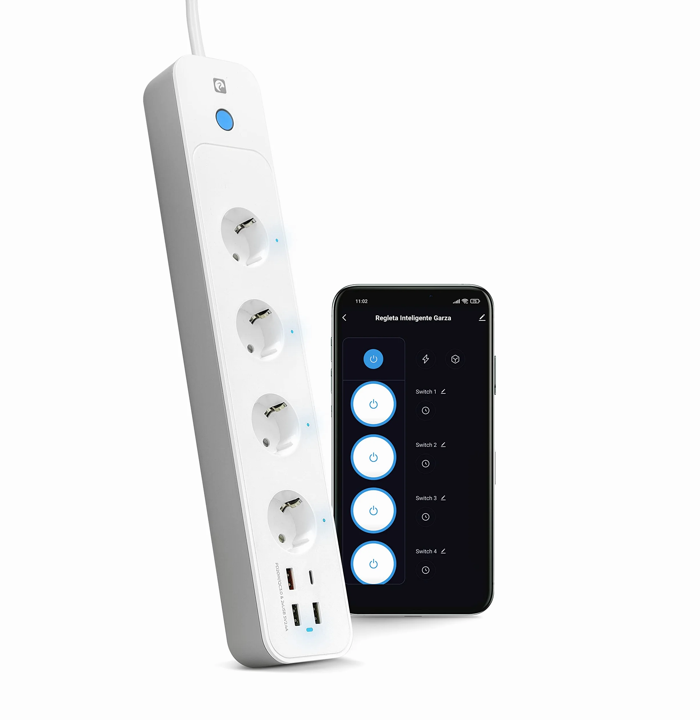 Garza Smart - Regleta Inteligente WiFi + 4 enchufes + 2 USB A + USB C + USB 3.0 | Cable 1,5 m | Carga Rápida | WiFi 2.4GHz | Programable | Medidor Consumo | Control App y Voz | Alexa/Google