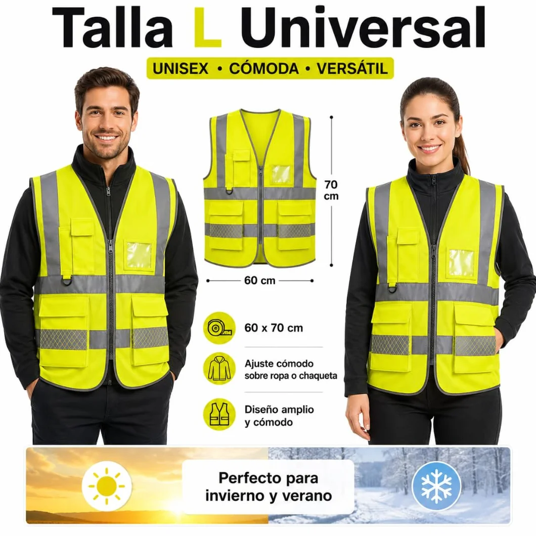 Chaleco Reflectante con Bolsillos y Cremallera Pack 2 Unidades | Chaleco Reflectante Homologado DGT Alta Visibilidad ISO 20471 | Chaleco Seguridad Trabajo Coche Moto Bicicleta Talla L Universal