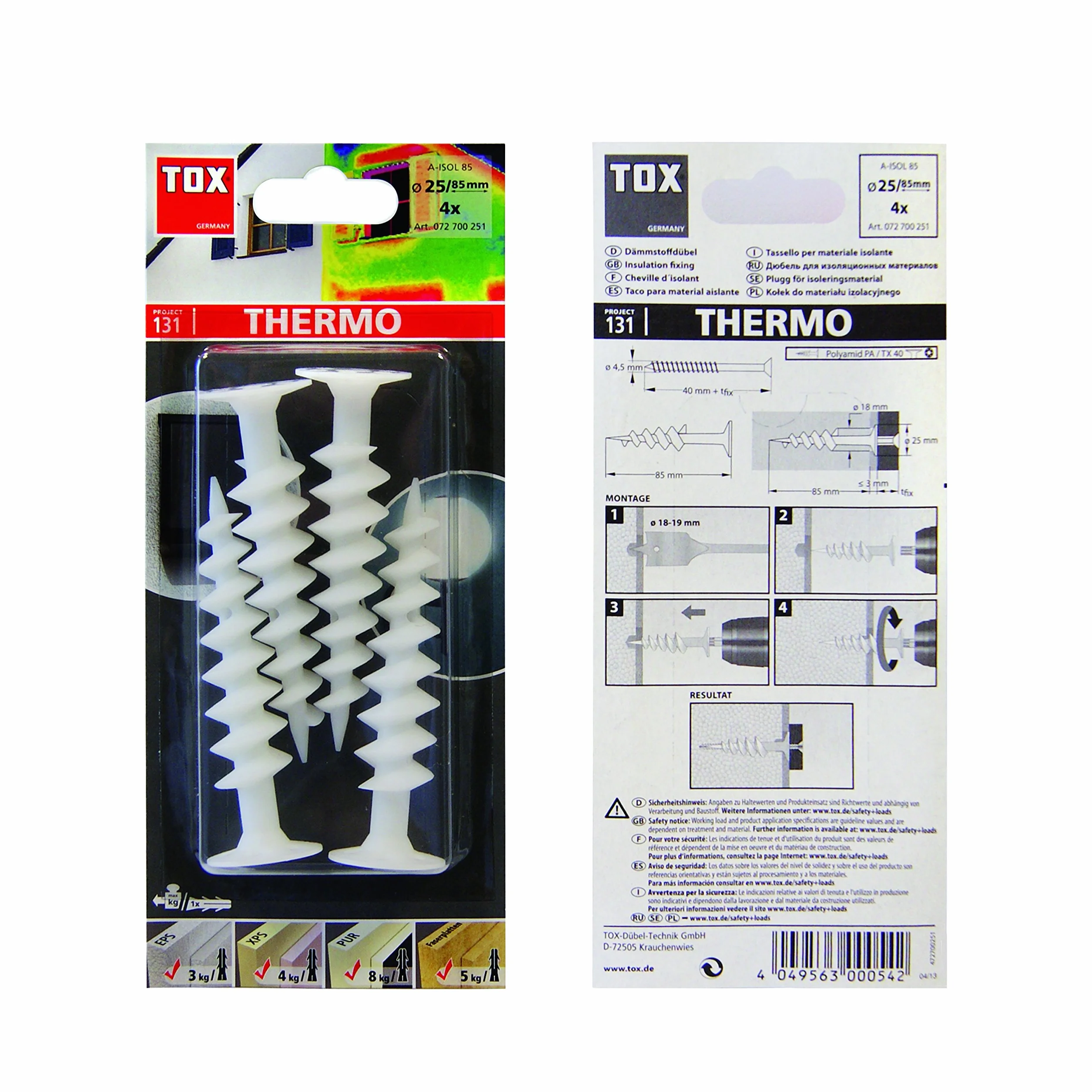 TOX Anclajes de aislamiento térmico 85 mm sin pretaladrado 4 piezas para EPS 20 XPS 20 PUR fibra de madera