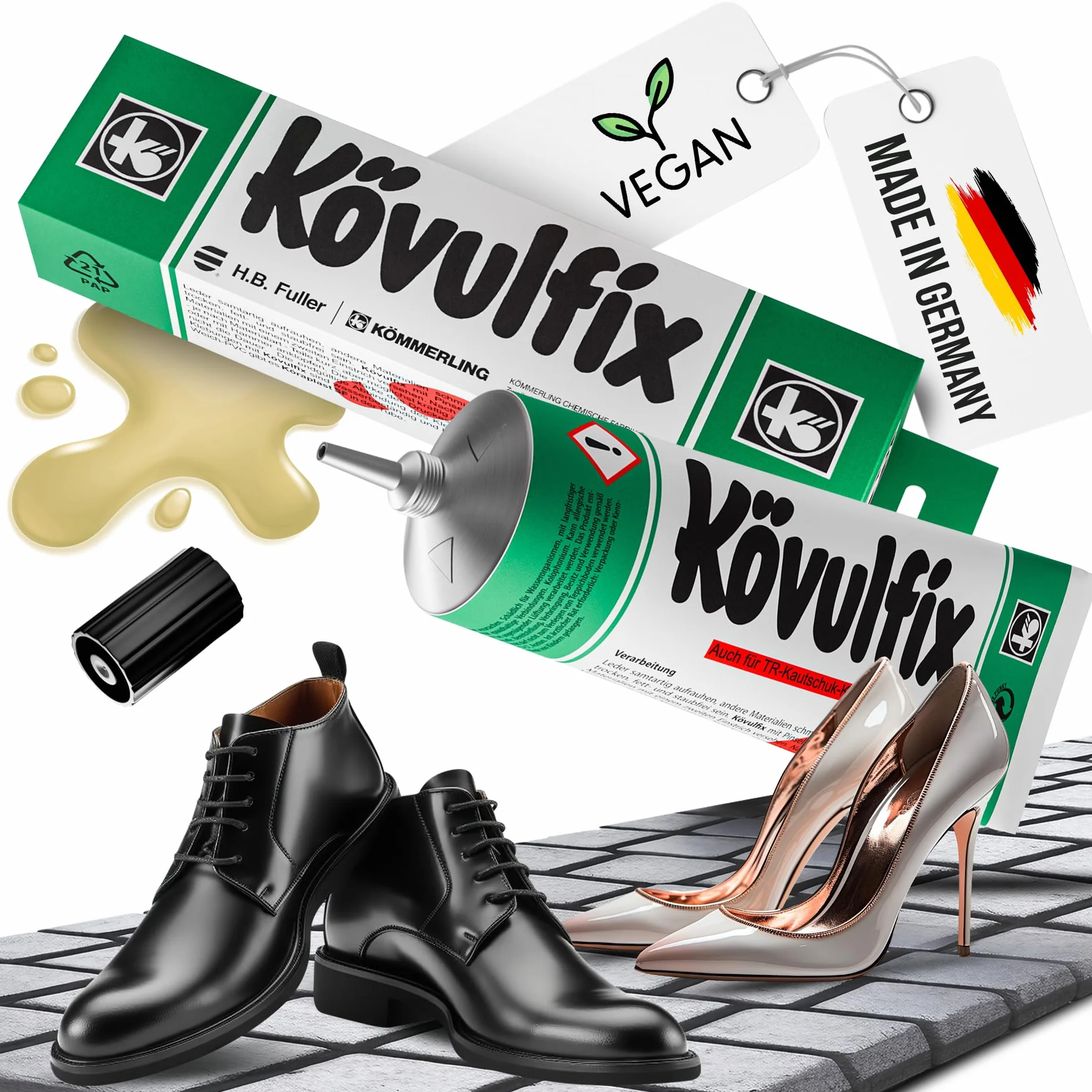 Kövulfix Juego de adhesivos de contacto 240 g + pincel, pegamento para zapatos extrafuerte, resistente al agua y flexible, adhesivo universal para cuero, goma, textiles, zapatos, techos, toldos