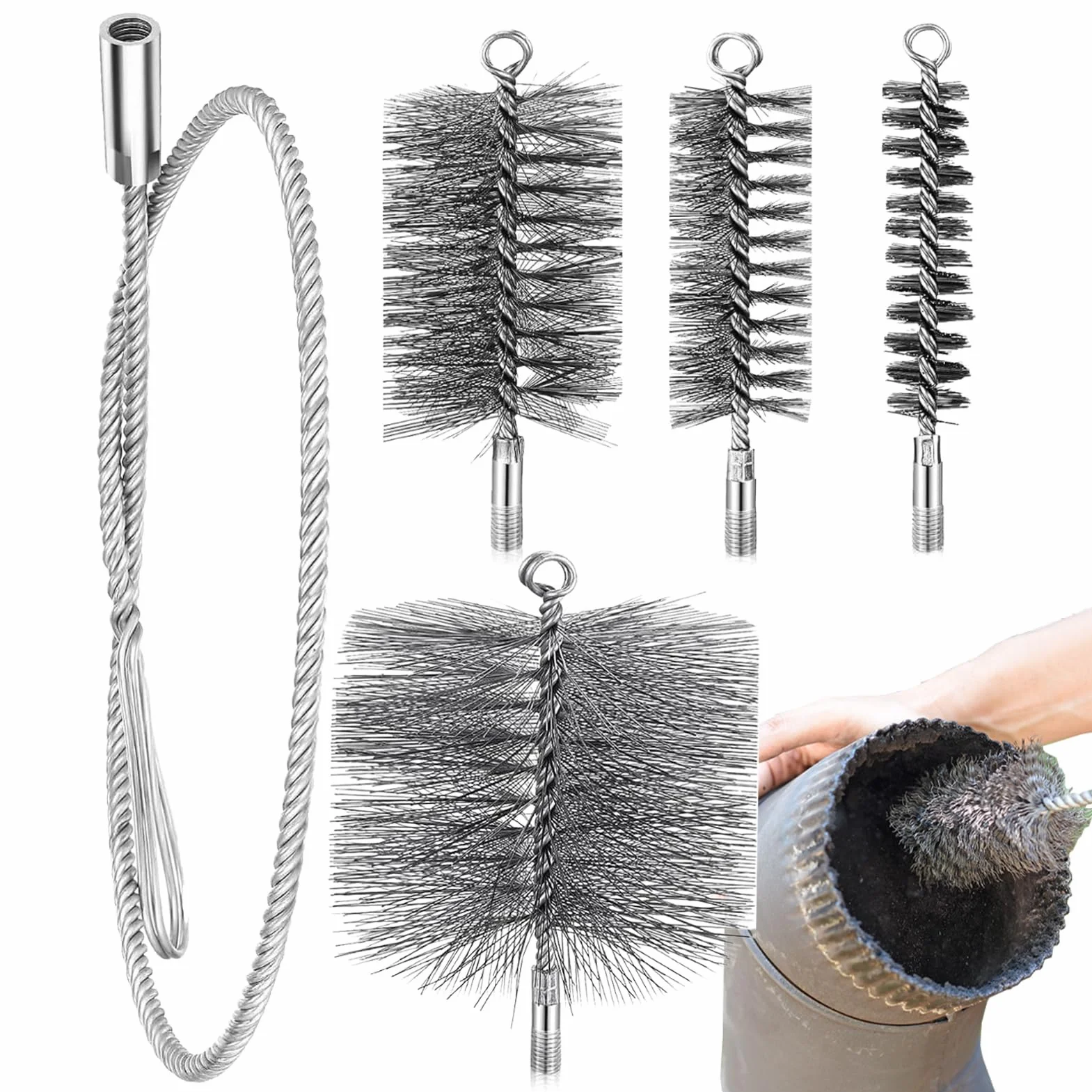 Juego de Cepillos para Limpieza de Tubos de Estufa,Cepillo Limpiador de Tubos para Chimeneas Acero Inoxidable - Kit Completo Limpieza Flexible Secadoras Calderas Parrilla Hogar