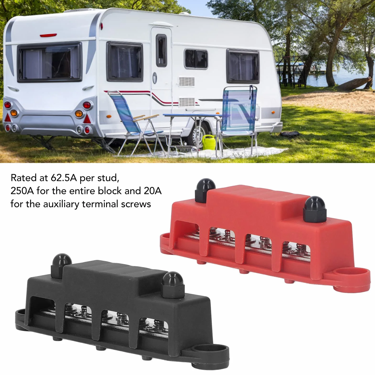 Asixxsix Bloque de Distribución de EnergíA de 2 Piezas, Bloque de Terminales Tornillo M8 Barra de Bus de 4 Terminales CC 48 V 250 A para Automóviles, Vehículos Recreativos, Barcos