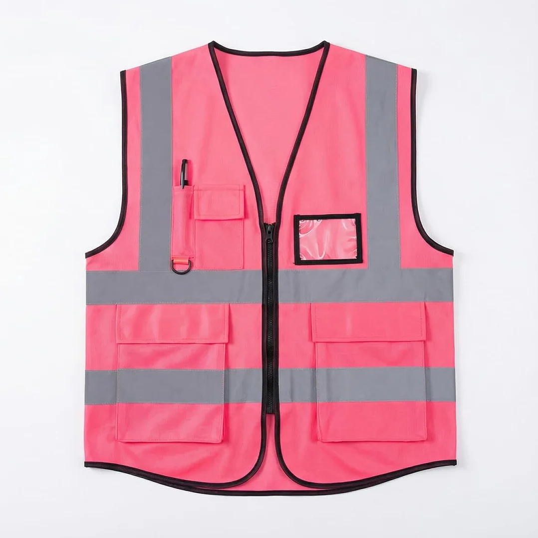 Chaleco Reflectante de Seguridad para Adultos con Bolsillos y Cremallera, Chaleco de Alta Visibilidad para Exterior (Rosa)