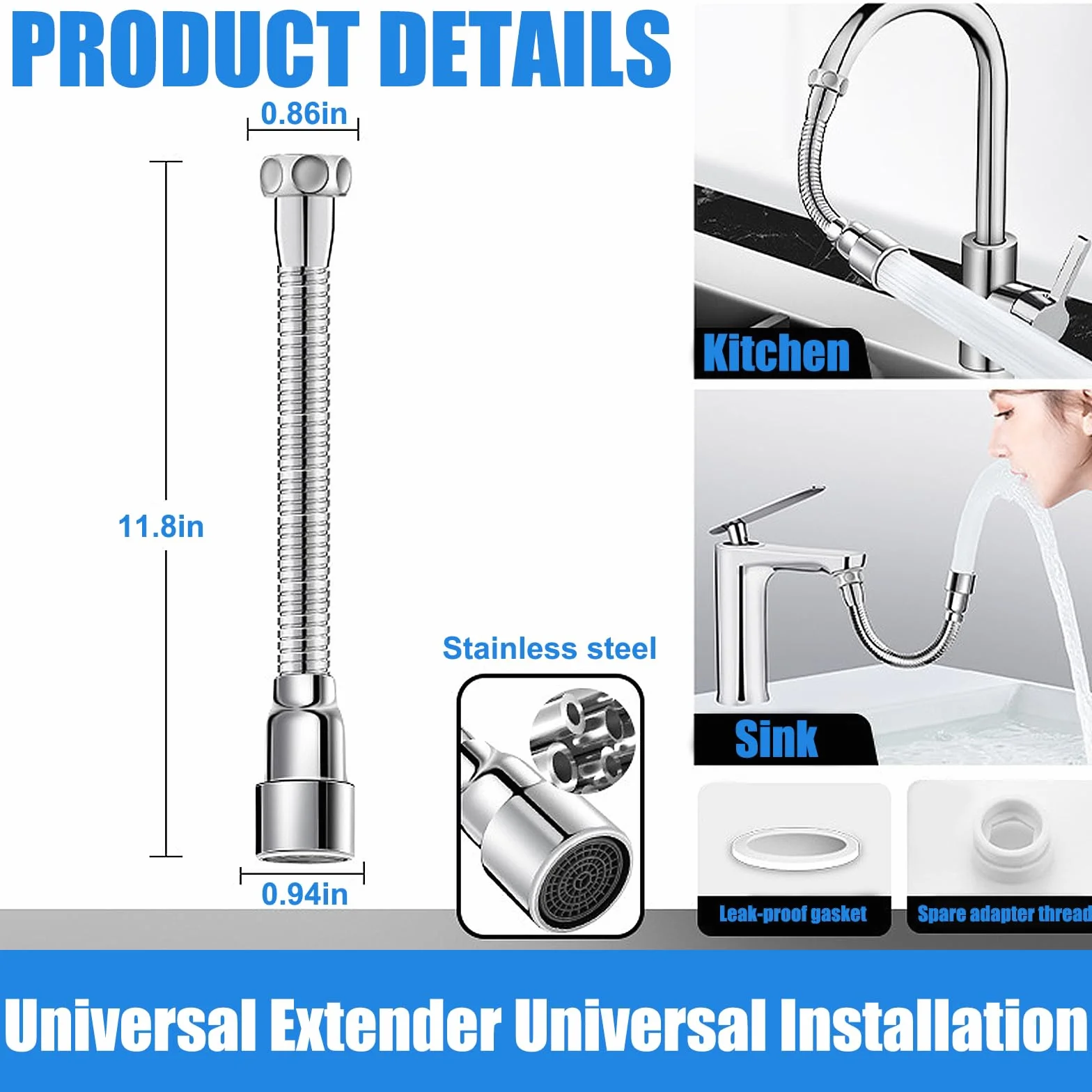 Extensor Grifo, Extensión de Grifo Cocina 30 cm Inoxidable, Extensor de Tap Giratorio de 720° Grados, Con Adaptador de Rosca de Transferencia y Junta Antifugas, para Baños y Cocinas
