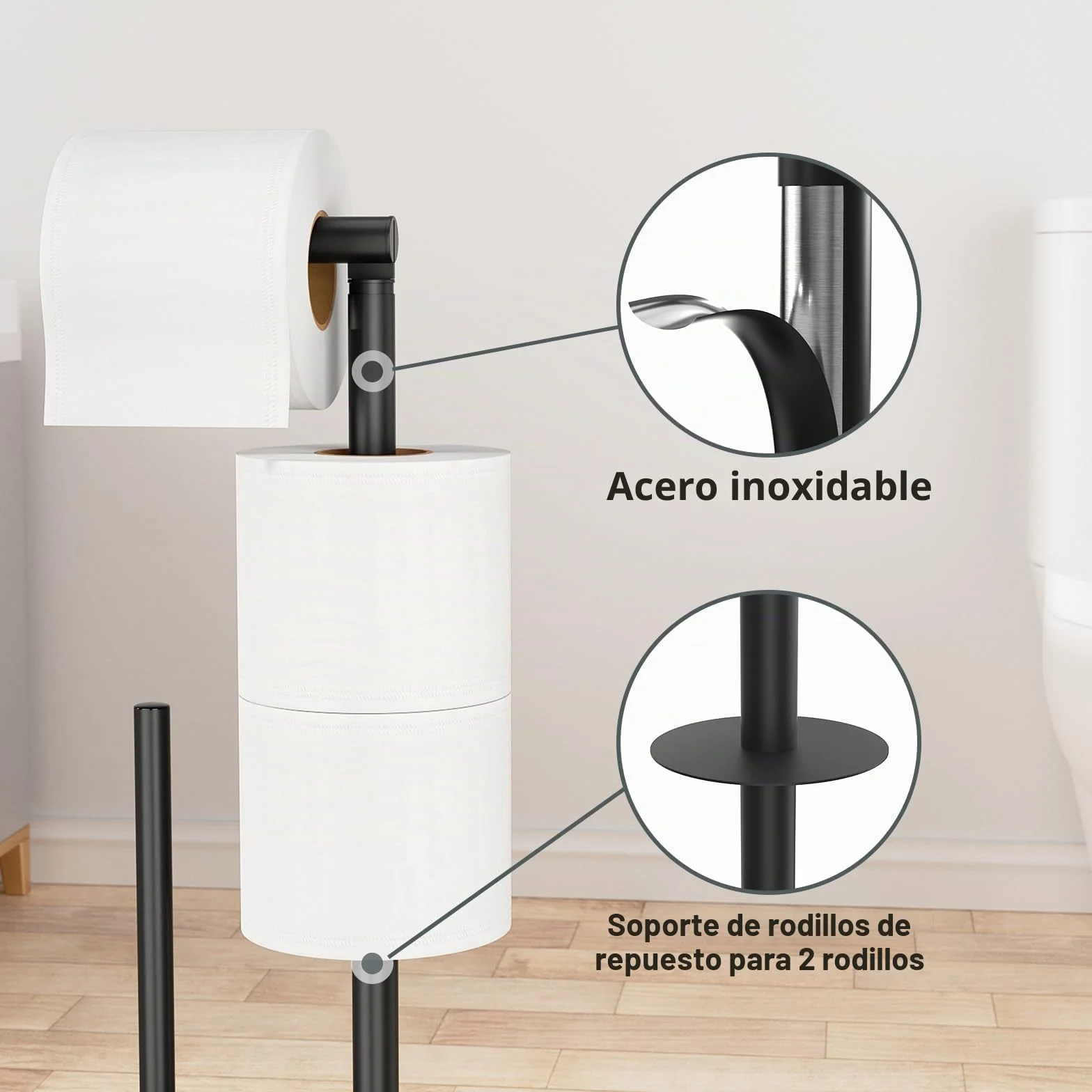 susswiff Portarrollos de Papel Higiénico de Pie con Escobillero, Soporte de Acero Inoxidable, sin Necesidad de Taladrar (Negro Mate)
