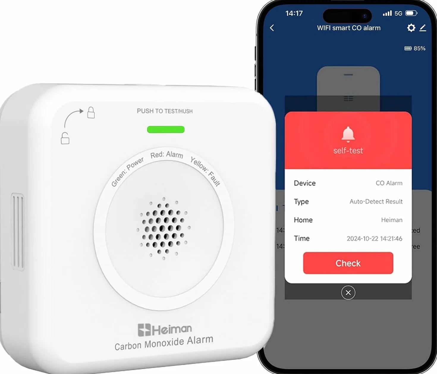 HEIMAN Detector de monóxido de carbono Wi-Fi, Detector de CO con vida útil de 10 años, EN50291, Detector de monóxido de carbono inteligente con aplicación Tuya y SmartLife, Portátil (WS-725ES)