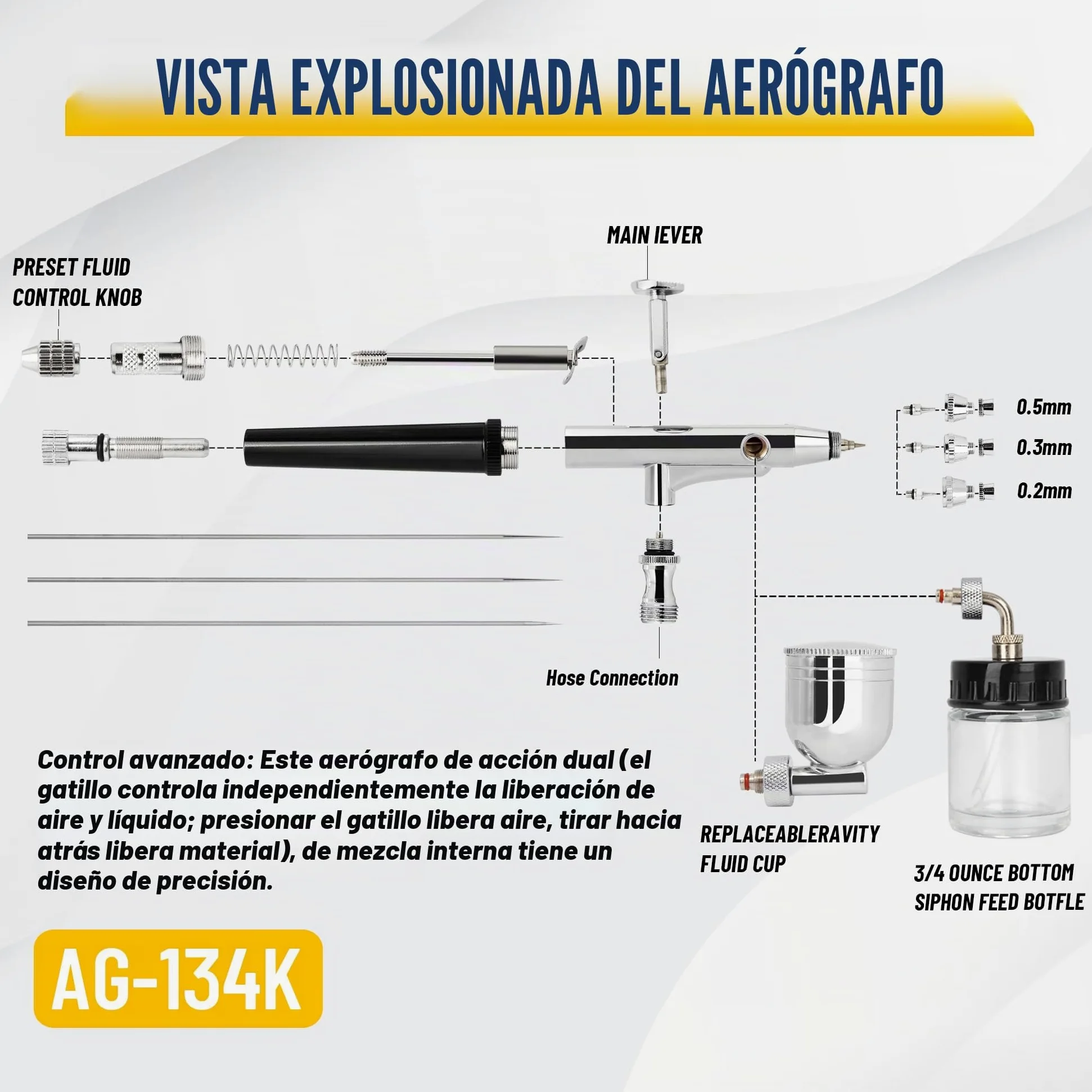 Fengda Pistóla de aerógrafo kit FE-134K con aguja/boquilla de 0,2/0,3/0,5 y tubo.