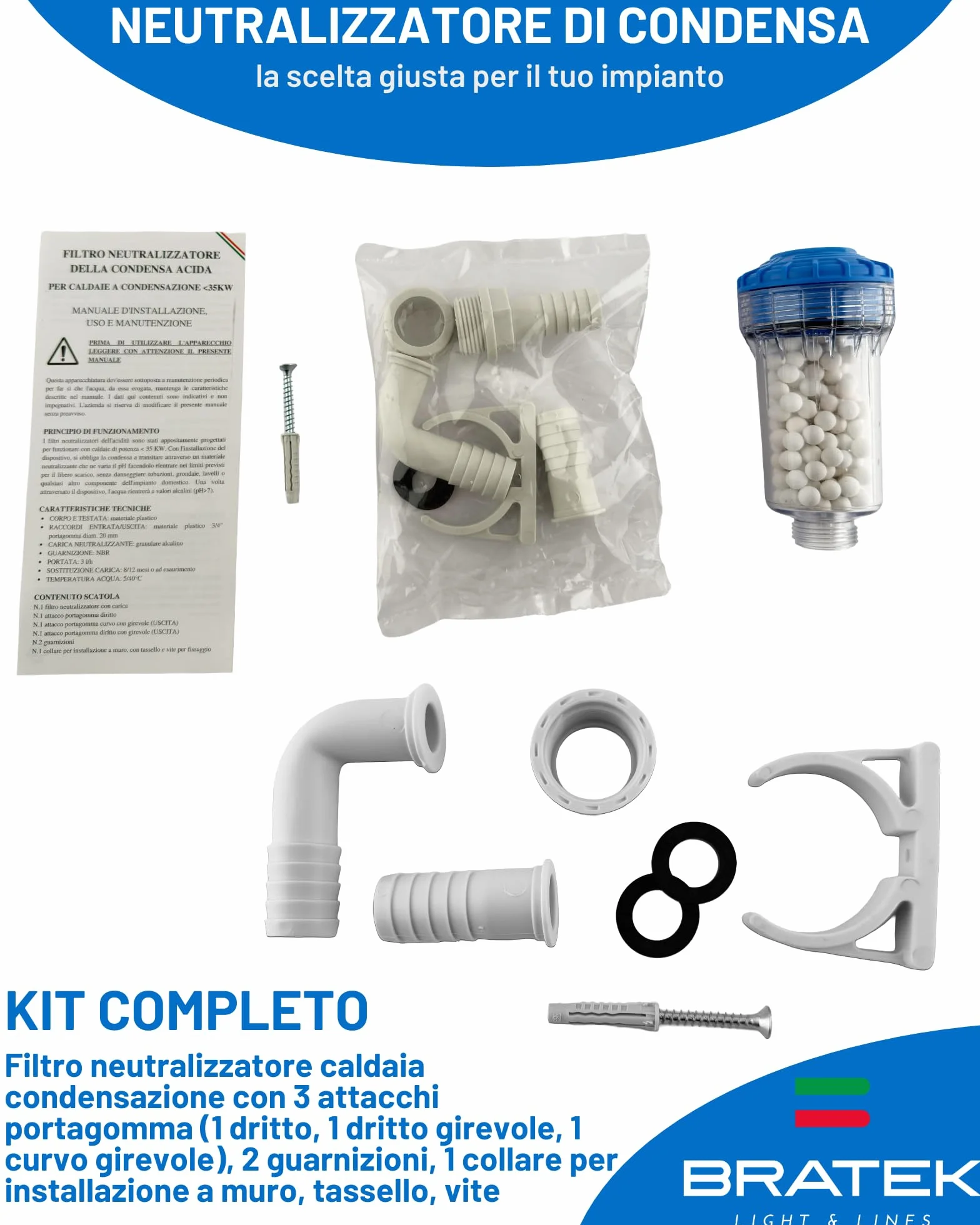 Bratek Filtro neutralizador de condensación de caldera – Filtro neutralizador de condensación ácida para caldera de condensación de hasta 35 kW – Neutraliza la acidez haciendo que el pH vuelva a los