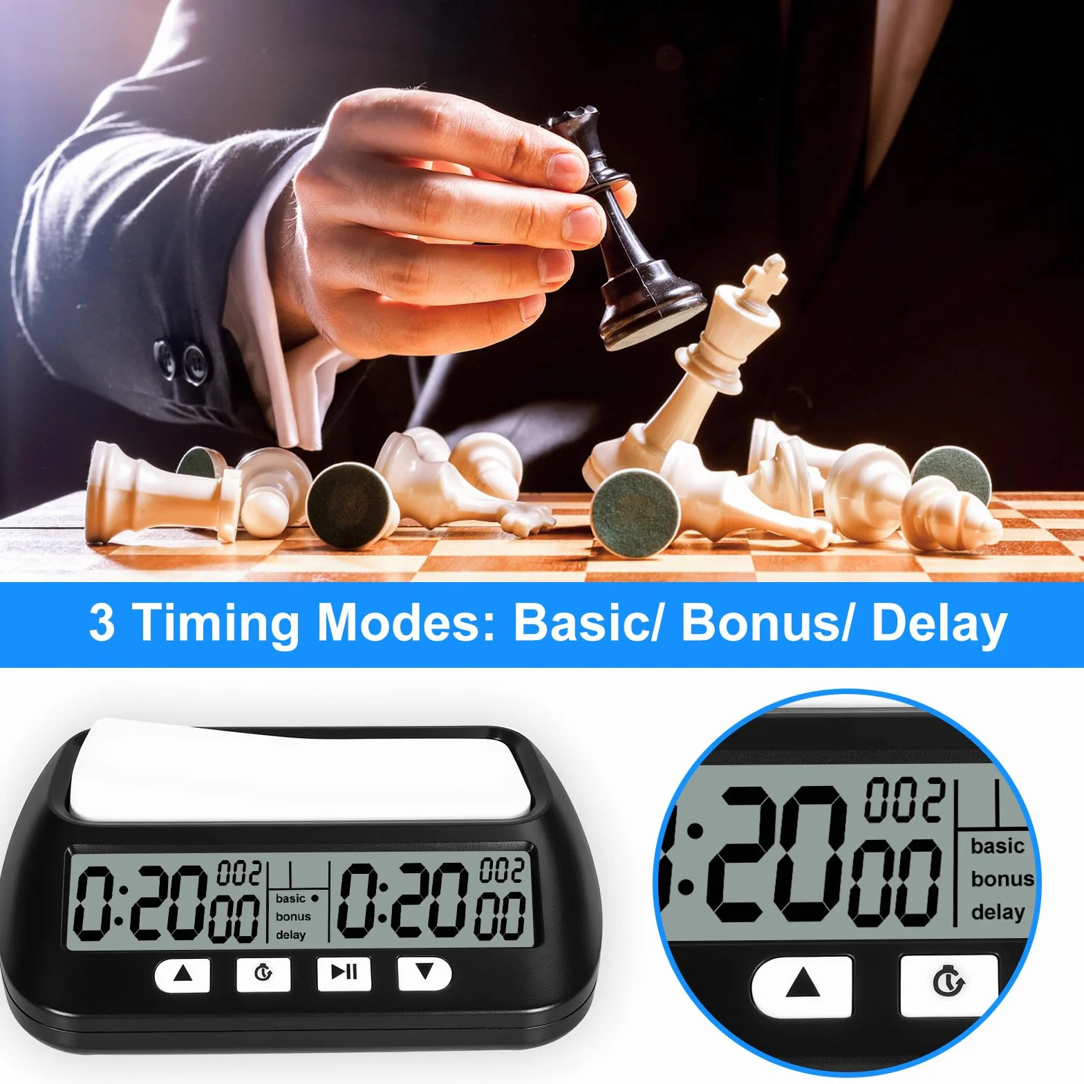 USHOP Reloj de ajedrez Profesional​​,Reloj ajedrez​​ con Digital Multifuncional Pantalla​​ – Cuenta Regresiva/Bono/delay,Control de 4 Botones​​,diseño competitivo​​ para torneos y Juegos de Mesa