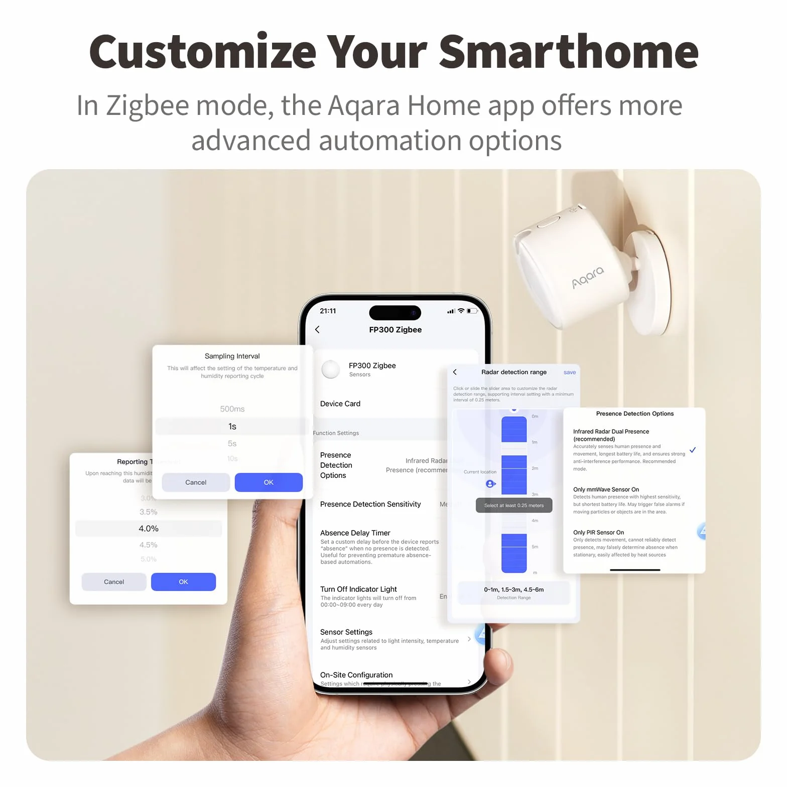 Aqara FP300 Sensor de Presencia Inalámbrico 5 en 1, Thread/Zigbee, mmWave Radar+PIR, Movimiento/Luz/Temperatura/Humedad, HomeKit, Home Assistant