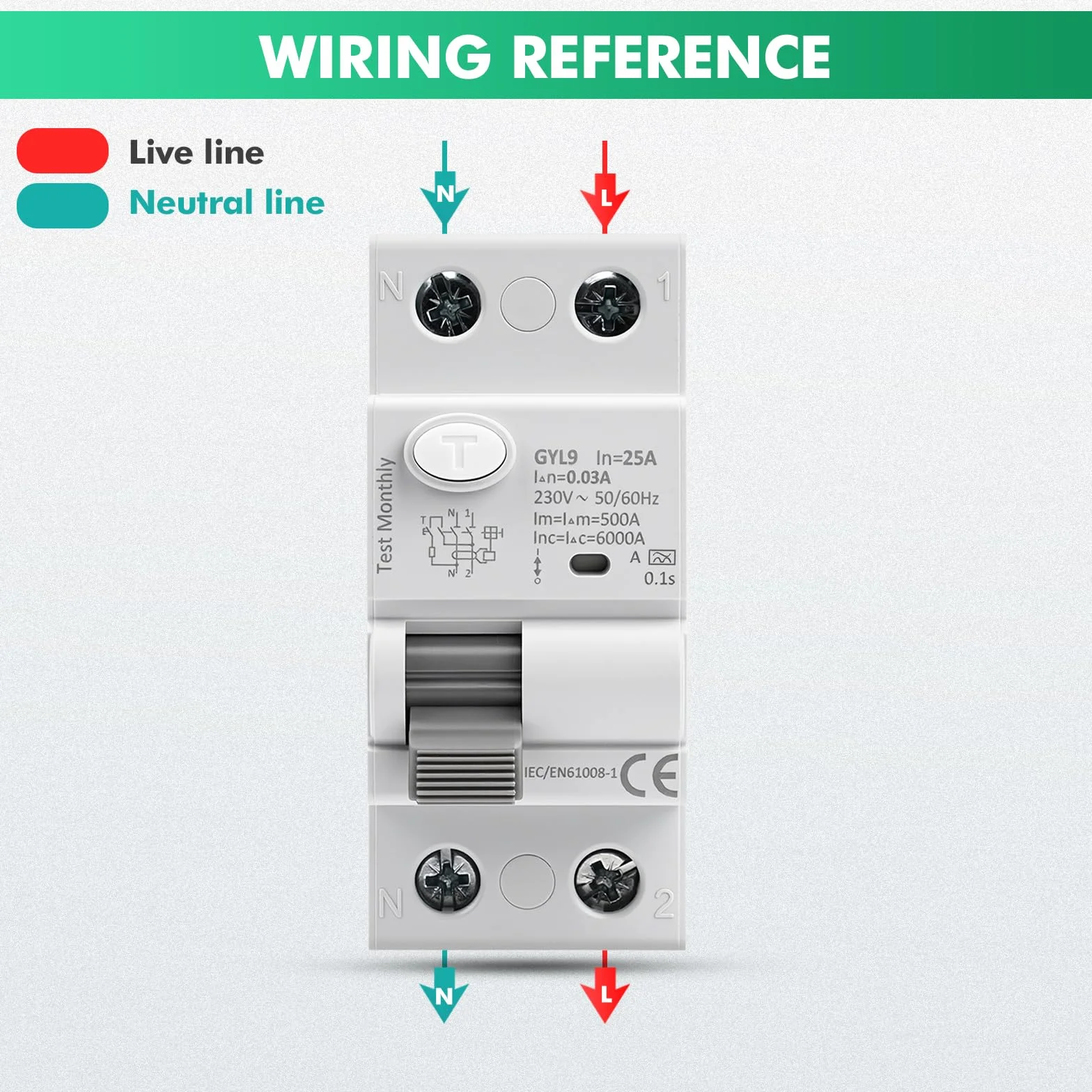 Interruptor Diferencial SuperInmunizado AC230V 2P Diferencial 25A 30mA Disjoncteur Différentiel Magnetotermico para el arranque ocasional de circuitos y motores tipo GYL9-2P-25A-0.03A-A