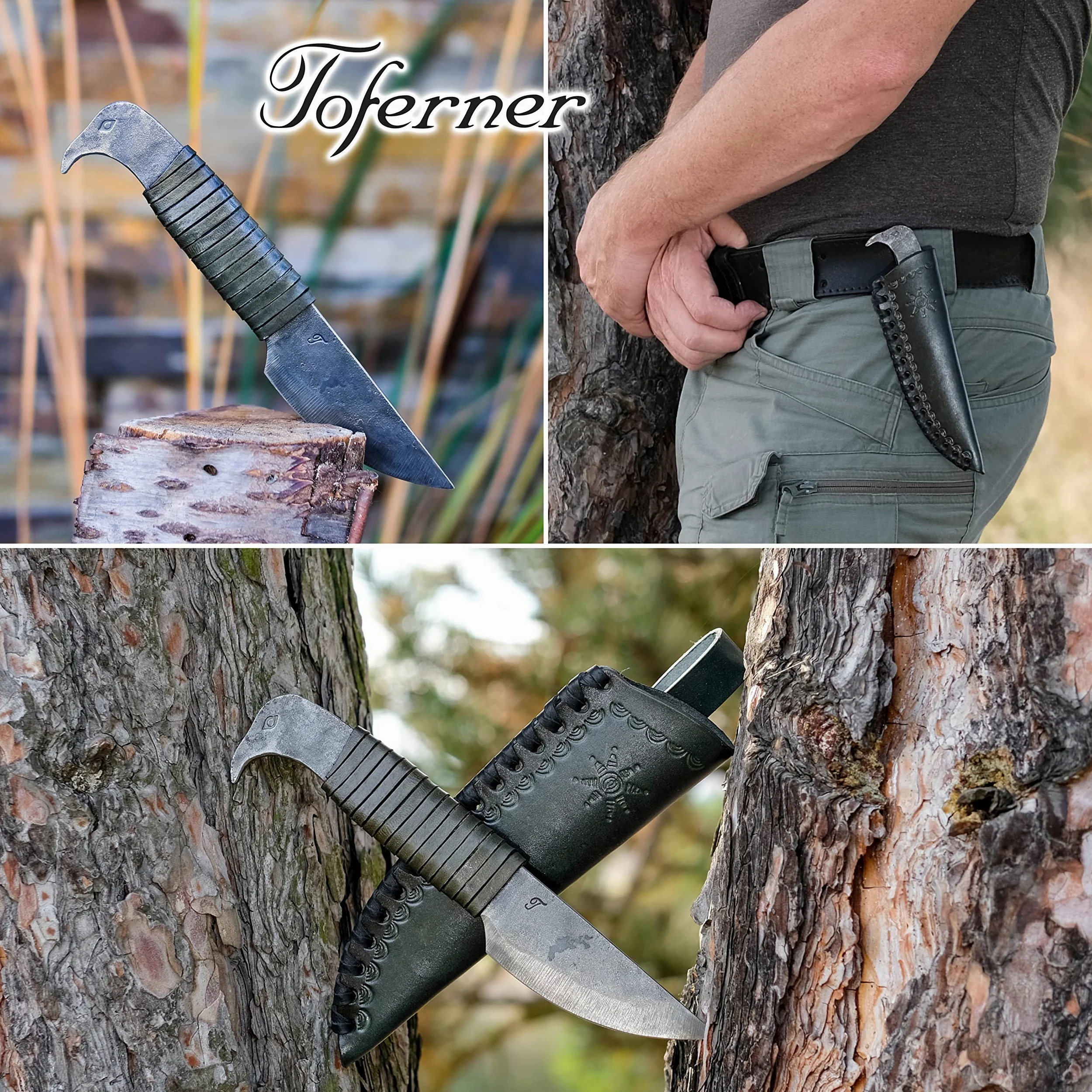 Toferner - Cuchillo de acero cabeza de pájaro - Forjado a mano y aspecto vintage - Hoja puntiaguda ultra afilada - Elegante diseño antiguo - Incluye estuche de cuero auténtico