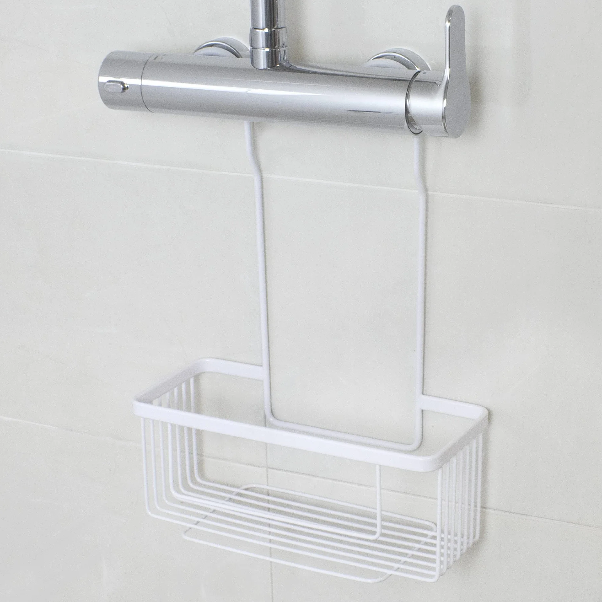 Estante de Ducha Colgante de Acero Inoxidable, Sin Taladro, Blanco Mate, 26 x 11 x 38 cm, Soporta 15 kg