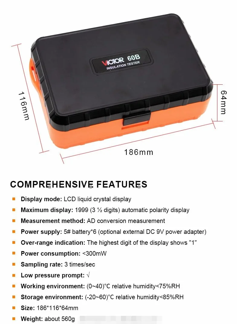VICTOR VC60B+ Digital Insulation Resistance Tester Megohmmeter 10000V