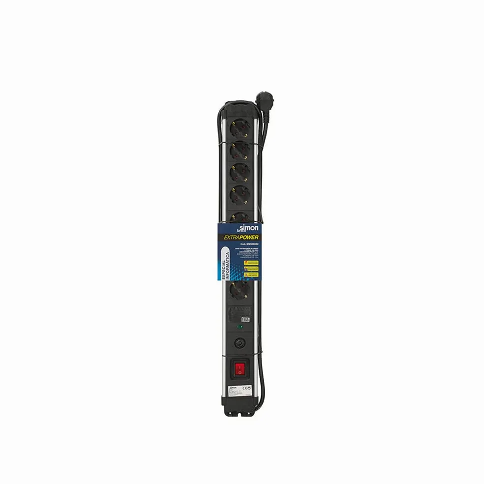 SIMON - Enchufe Múltiple Extrapower, Ladrón de Enchufes con Interruptor, 8 Tomas Schuko 16 A 250V, Protección de Sobretensiones y Cable 1,5M, Color Aluminio