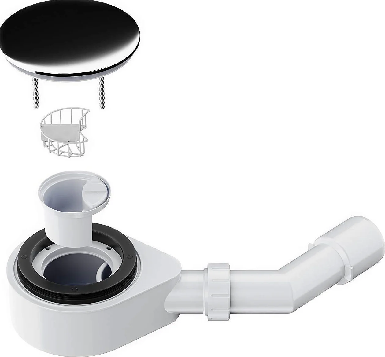 Sifón para plato de ducha | Nordona® VersoFlat | Altura: 60 mm |Válvula de desagüe, horizontal | Set de Desagüe incluido el sifón de diámetro ø 90 mm con colector de pelo | Color de la tapa: Cromo