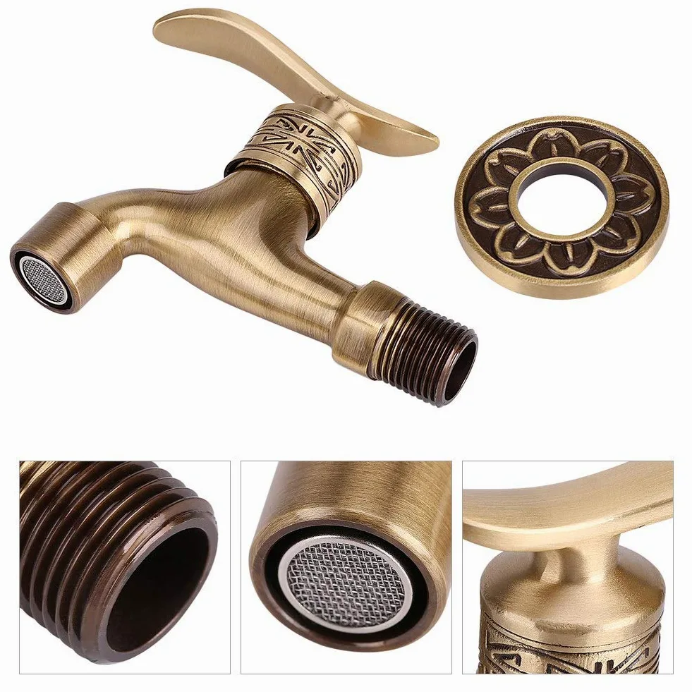 Grifo de Agua Fría Latón Antiguo Montado en Pared con Manija Palanca, Ideal para Lavadora Baño Jardín Piscina