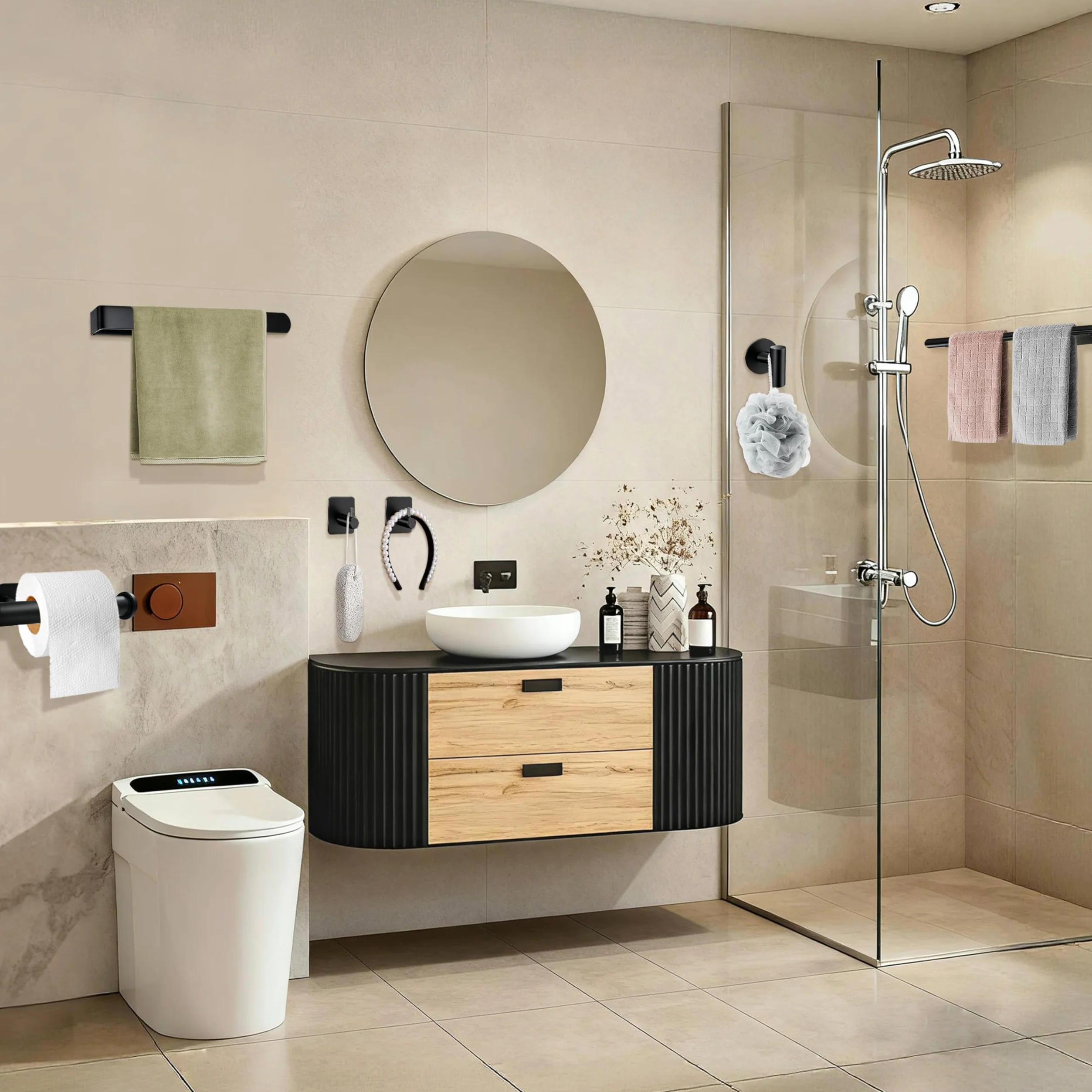 Toalleros de Baño Sin Taladro 8PCS Juego de Herrajes de Baño de Acero Inoxidable Gancho para Toallas Portarrollos para Papel para Baño y Cocina (Negro)