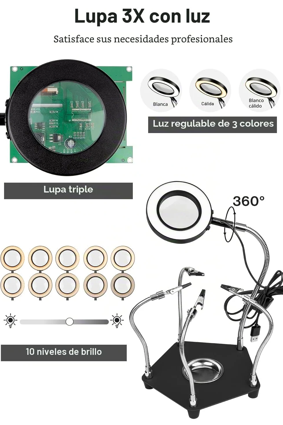 Lytool Soporte para Soldar con 3X Lupa, Tercera Mano Soldadura con Luz LED con 4 Piezas Pinzas de Cocodrilo Soldadura Herramienta para Soldar y Hacer Joyas