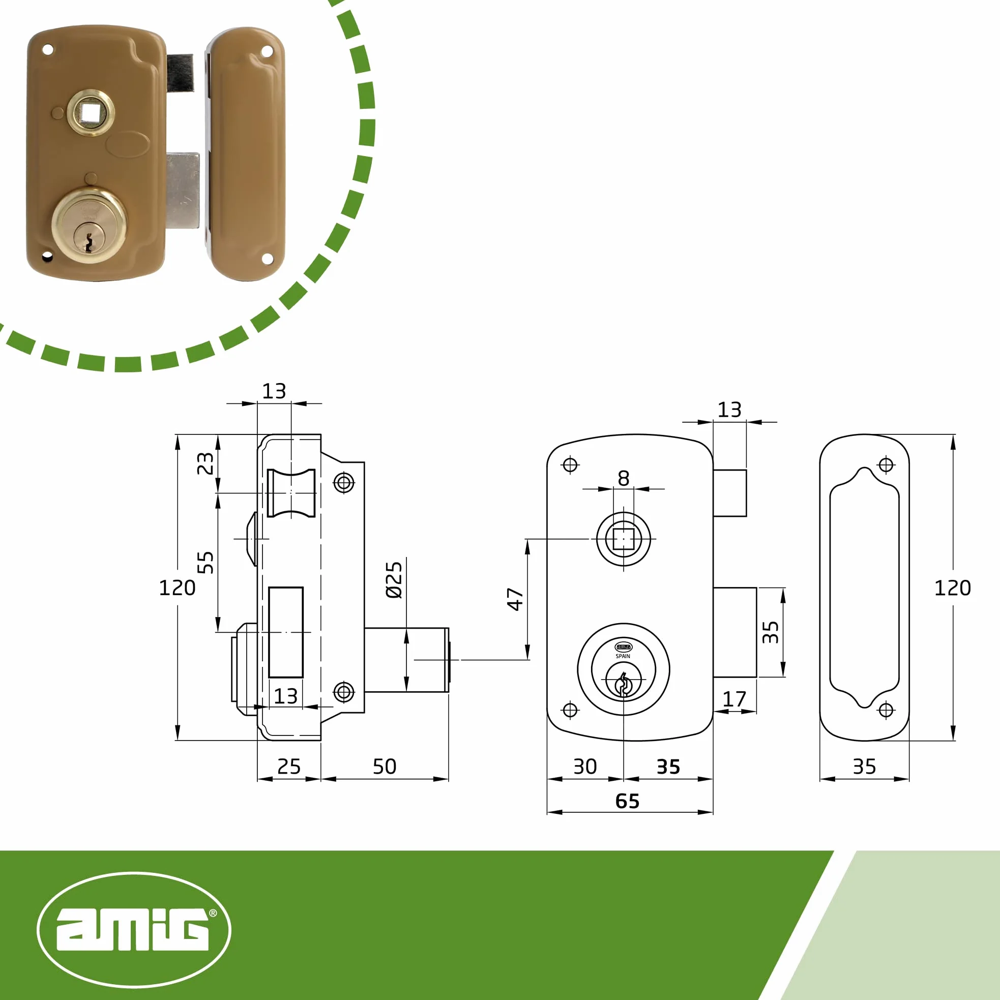 Amig - Cerradura de Sobreponer de Derecha con Palanca de Cierre, Lengüeta y Tirador para Puertas de Madera Mod. 75UN 66 x 120 mm Cilindro Redondo de Seguridad Acero Dorado