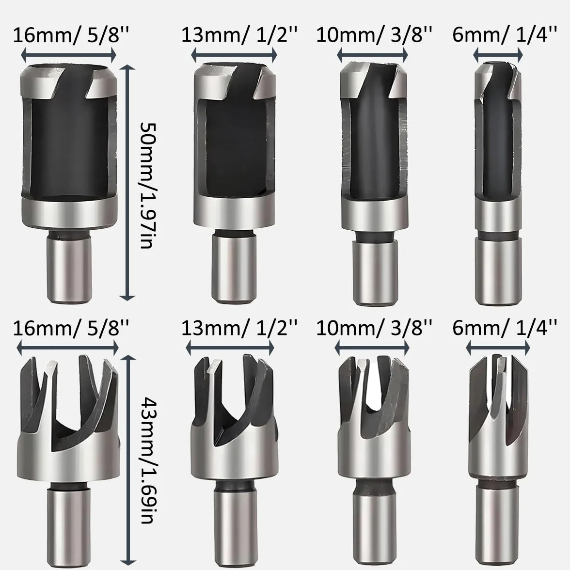 Juego de cortadores de tapones para madera Brocas avellanadoras (#5, #6, #8, #10, #12) 1/4 Inch Hex Shank madera enchufe agujero cortador Garra de acero al carbono para carpintería