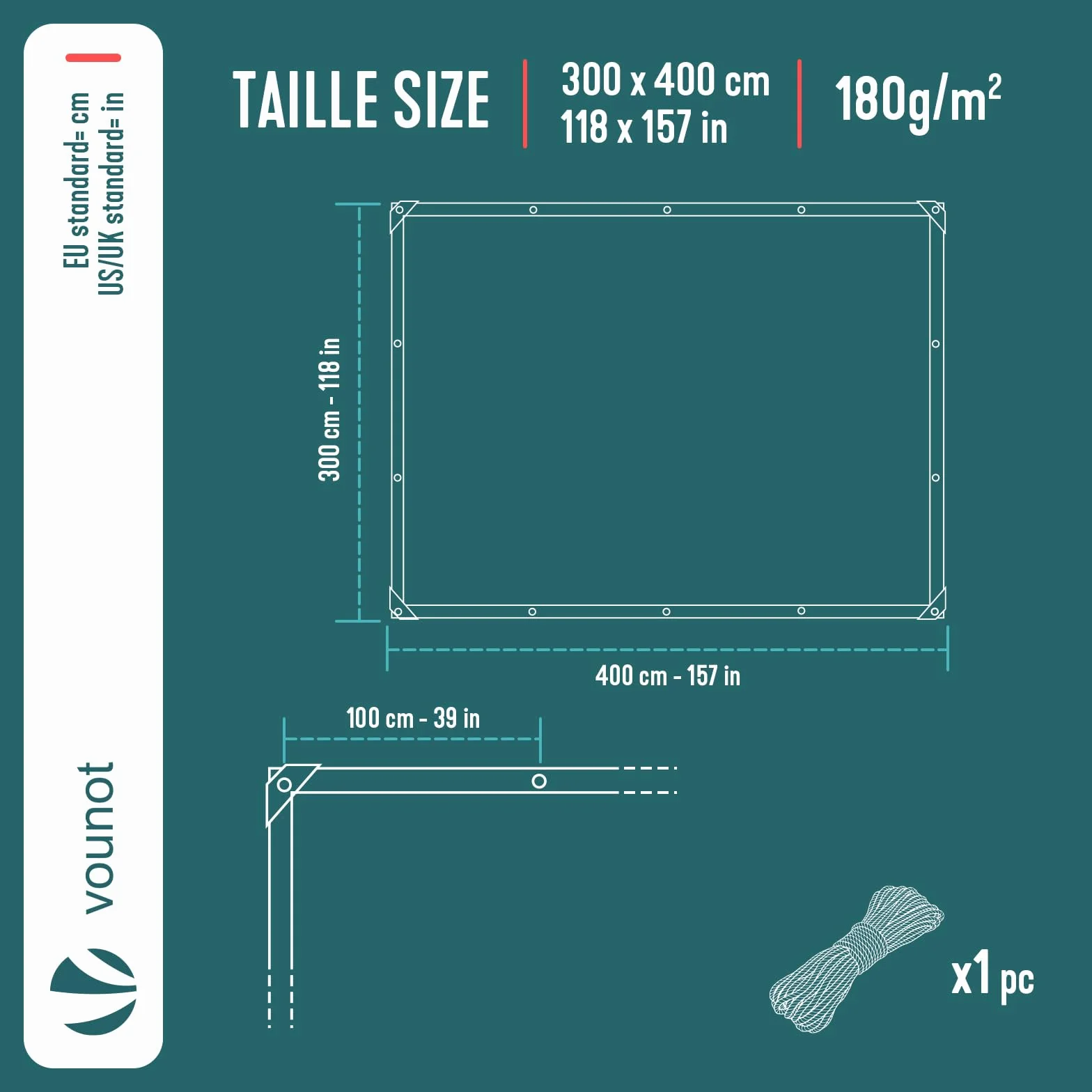 VOUNOT® Lona Impermeable Exterior 3x4m, Toldo Reforzado PE 180 g/m² Protección UV, Ojales Acero Inoxidable, Gris-Negro
