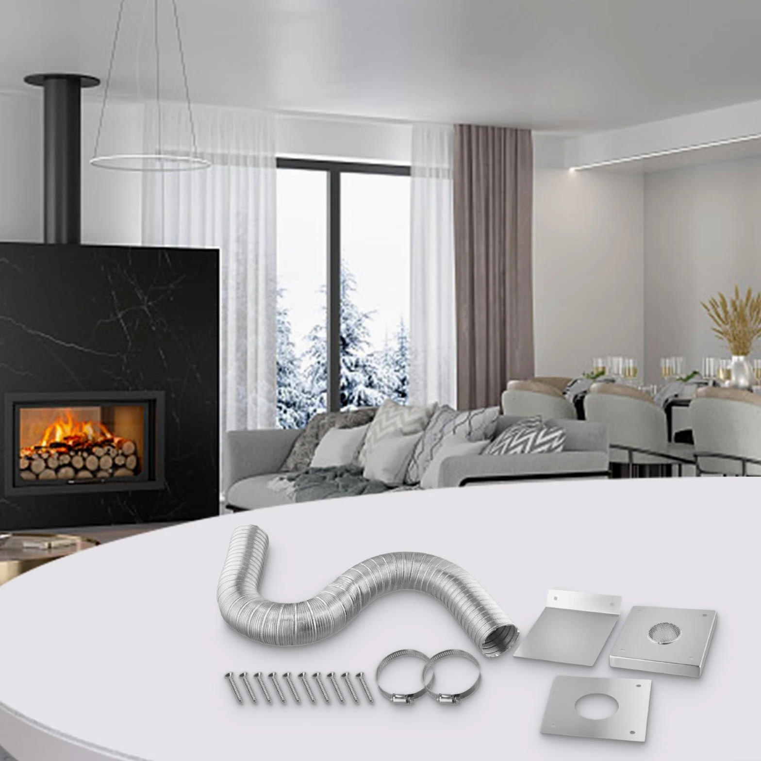 Kit de entrada de aire fresco para estufa de pellets, tubo flexible de aluminio de 2 pulgadas con abrazaderas de placa de pared de acero inoxidable y campana de lluvia para instalación de ventilación