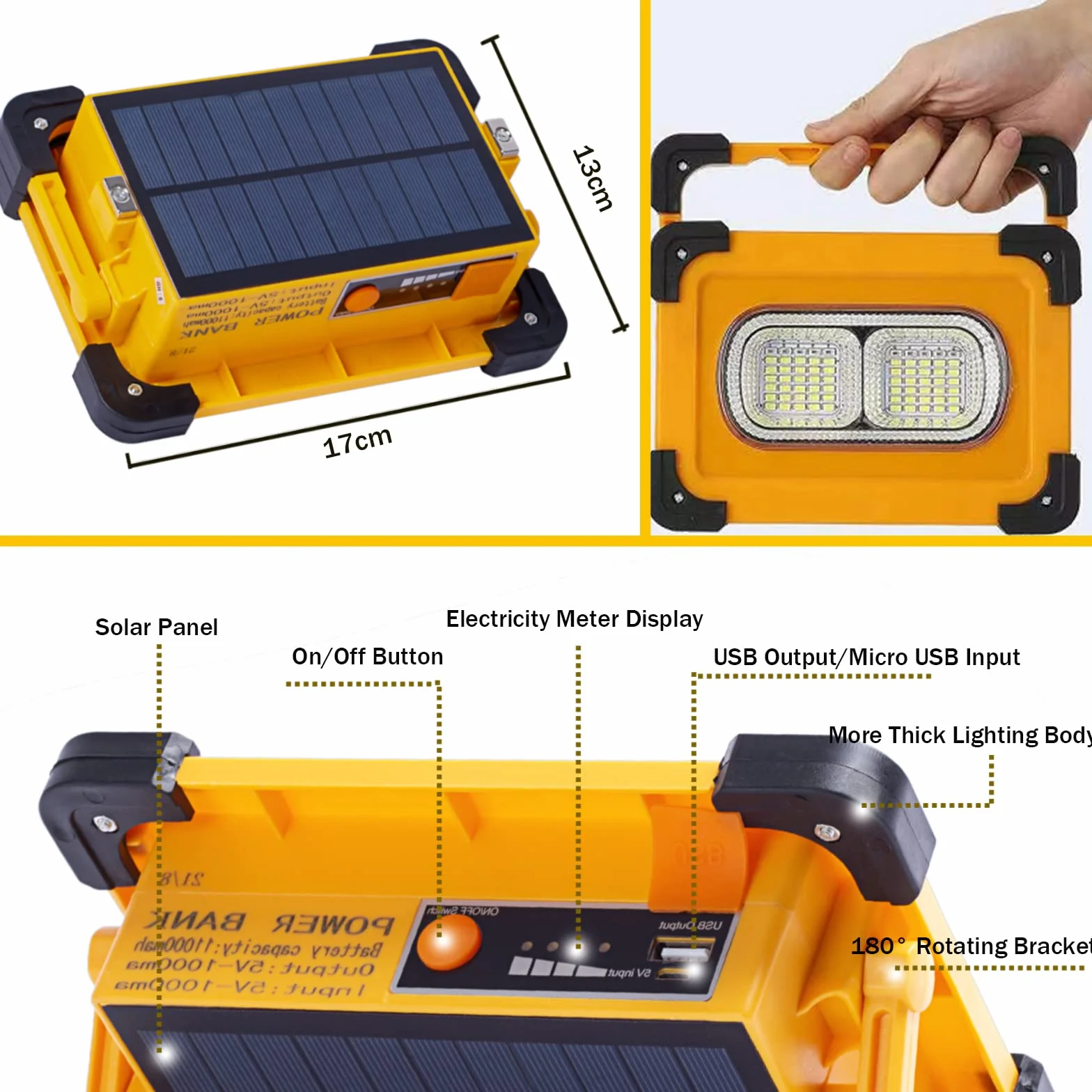 80W Foco LED Recargable Solar, 4 Modos Luz de Trabajo Portátil USB con Baterías 6000 mAh, IP65 Impermeable Lampara Camping con Iman para Emergencia, Pesca, Taller, Obra