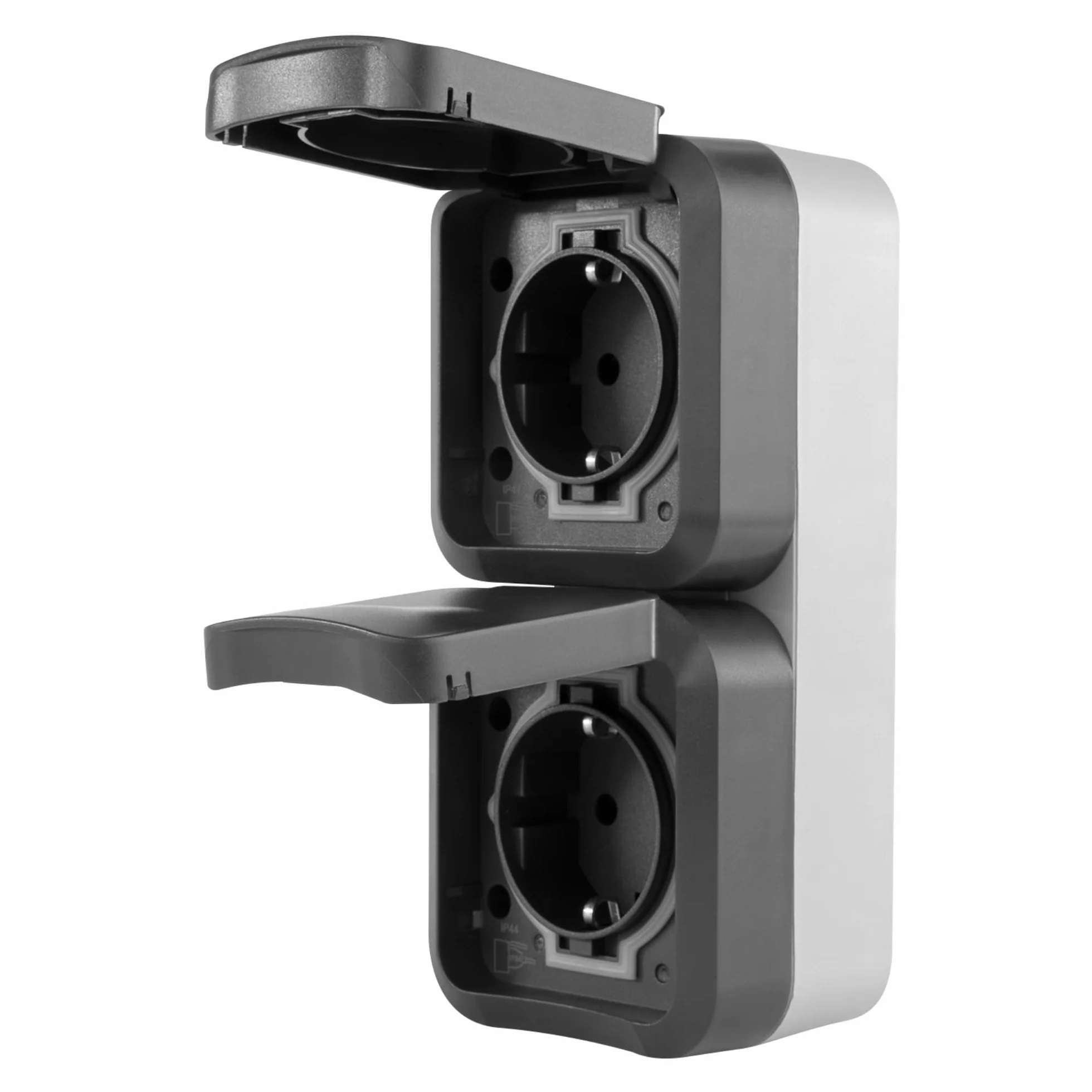 REV - AquaStorm, doble enchufe, IP55, bipolar, montaje en superficie vertical, 230 V, 16 A, antracita