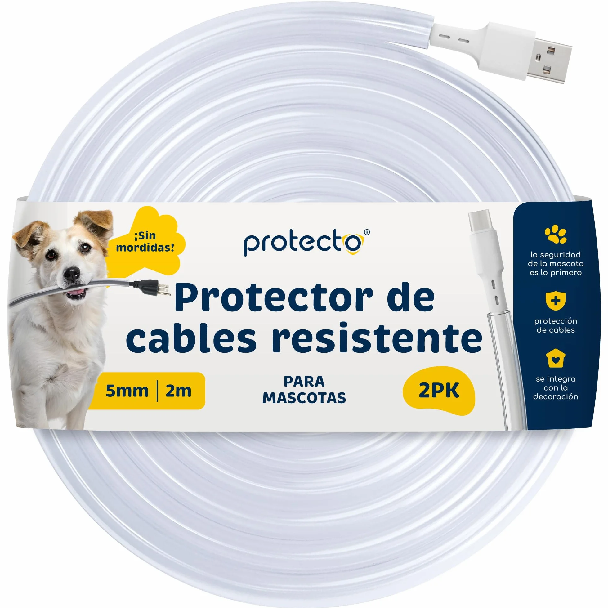 PROTECTO Pack de 2 Fundas Protectora de Cables para Mascotas – 2,15 m/Ø 5 mm – Ultra Resistente, Transparente, Flexible, Inodora, Anti-Mordeduras – para Cables Eléctricos, USB, Lightning, RCA y HDMI