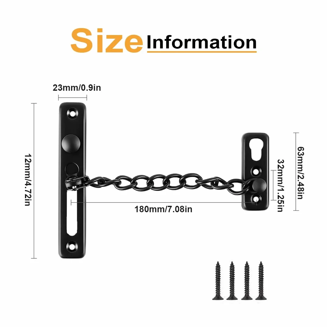 Cadena Puerta - 1 pcs Cadena Seguridad Puerta,Cerradura Puerta Interior Cadena Seguridad Puerta Negro Acero Inoxidable con Tornillos para Puerta Interior y Seguridad del Hogar