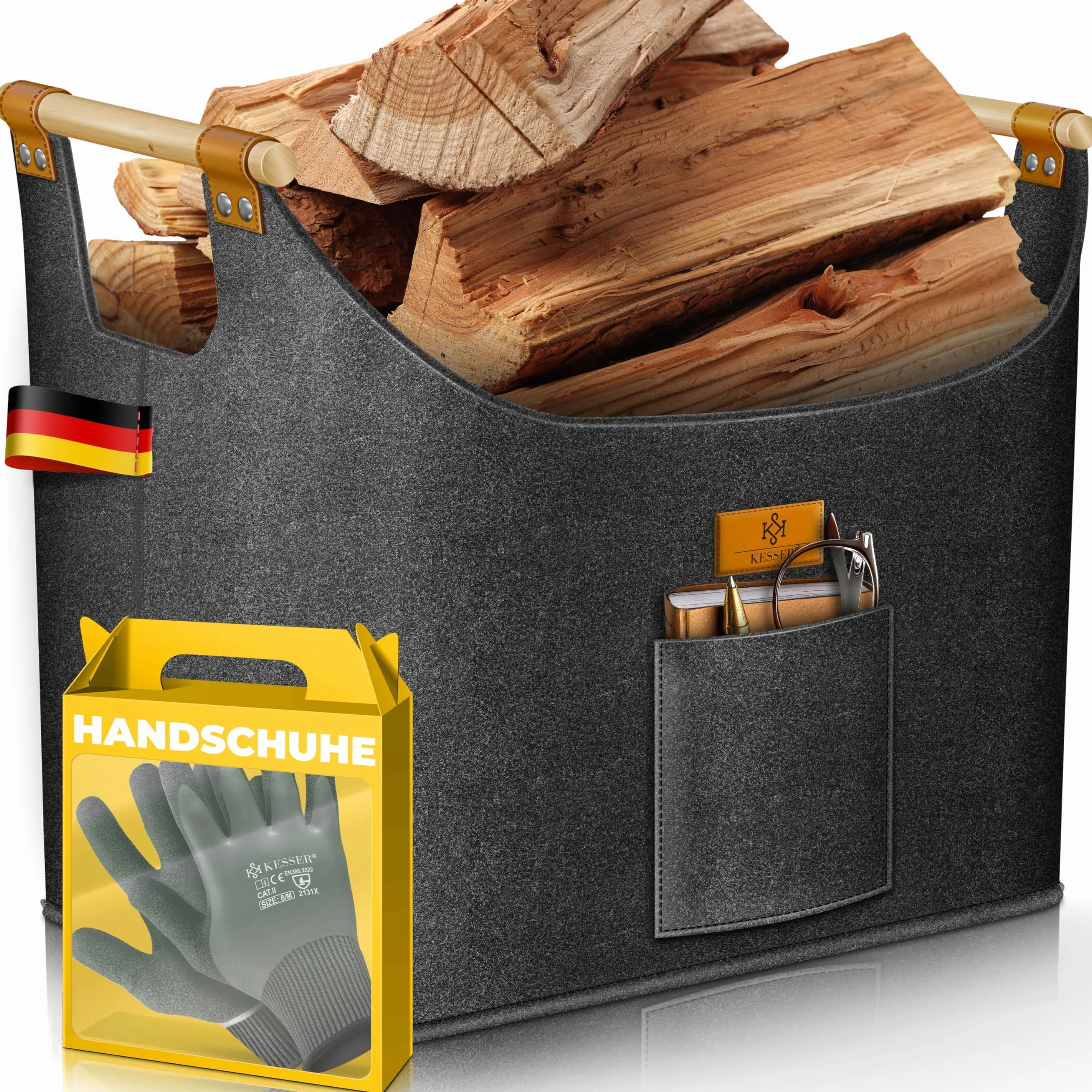 KESSER® Cesta plegable con asas de madera reforzadas, para leña de 60 litros, bolsa de fieltro extra grueso, almacenamiento periódico o madera