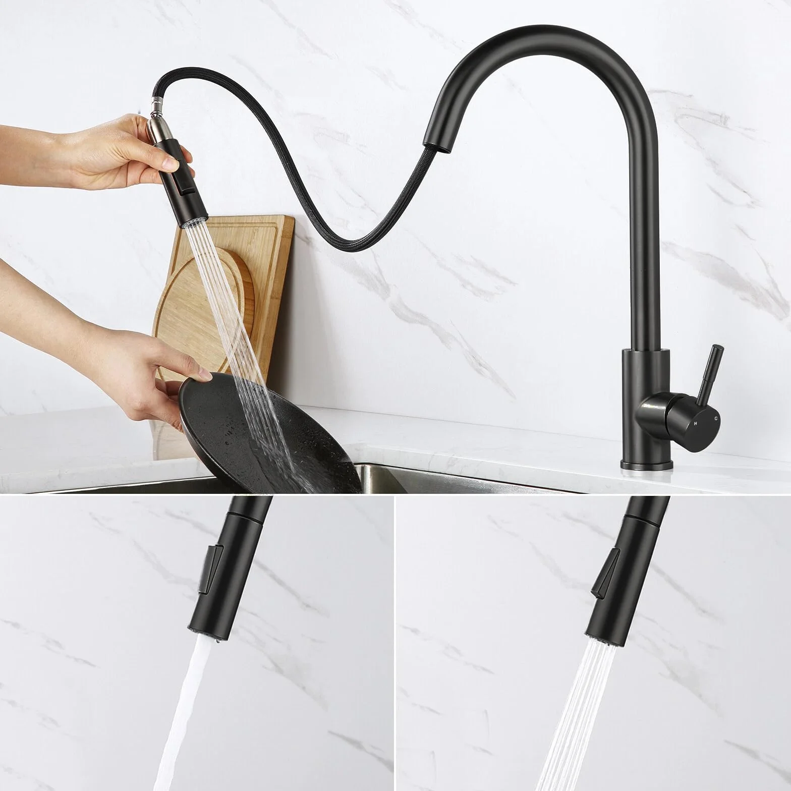 Aica Grifo de Cocina Negro Extensible Giratorio 360° Mezclador Alta Presión Manguera Flexible 27 Pulgadas Monomando