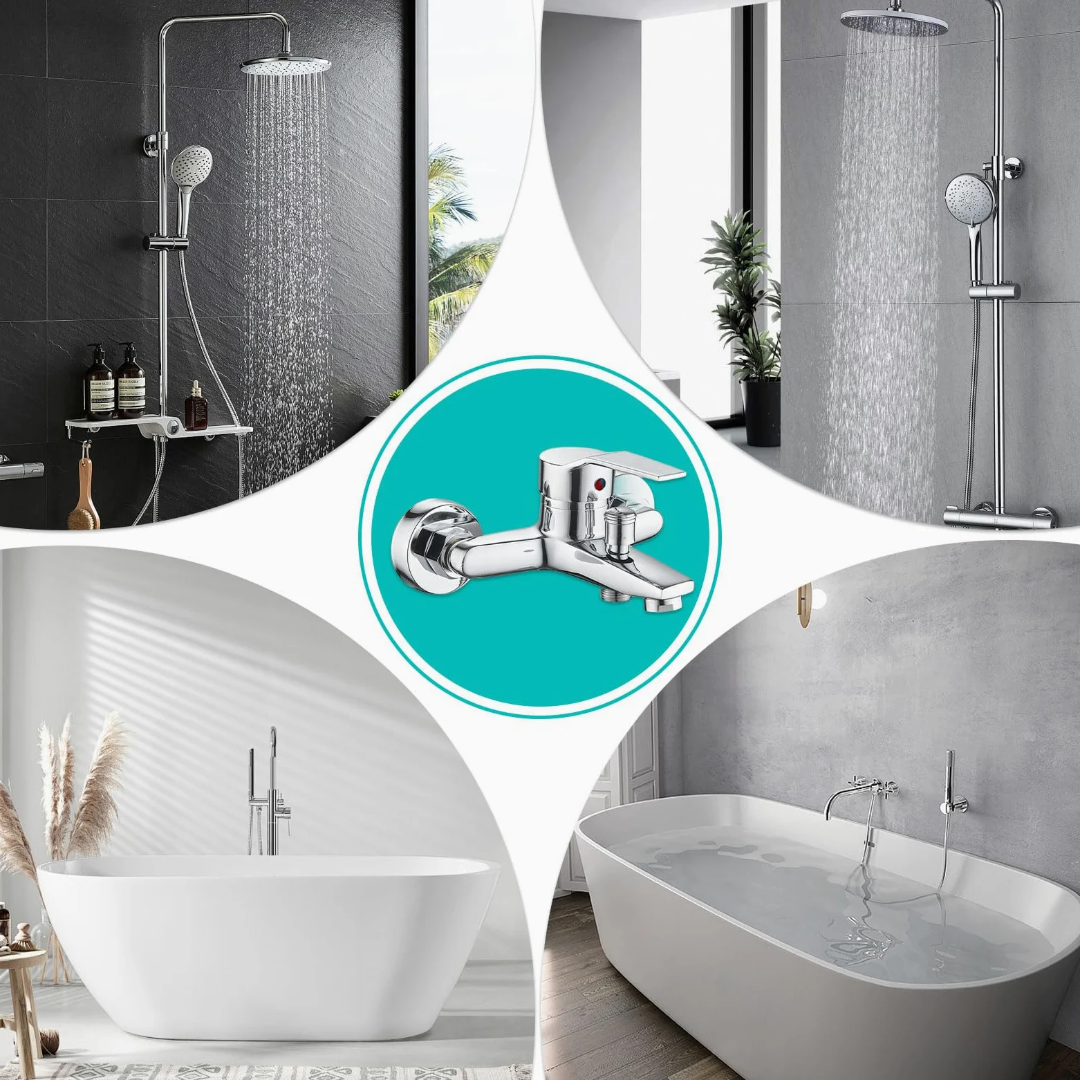 Kit Grifo Mezclador de Bañera, Grifo de Bañera Caliente y Frío con Accesorios de Montaje, Grifería para el Hogar y el Baño
