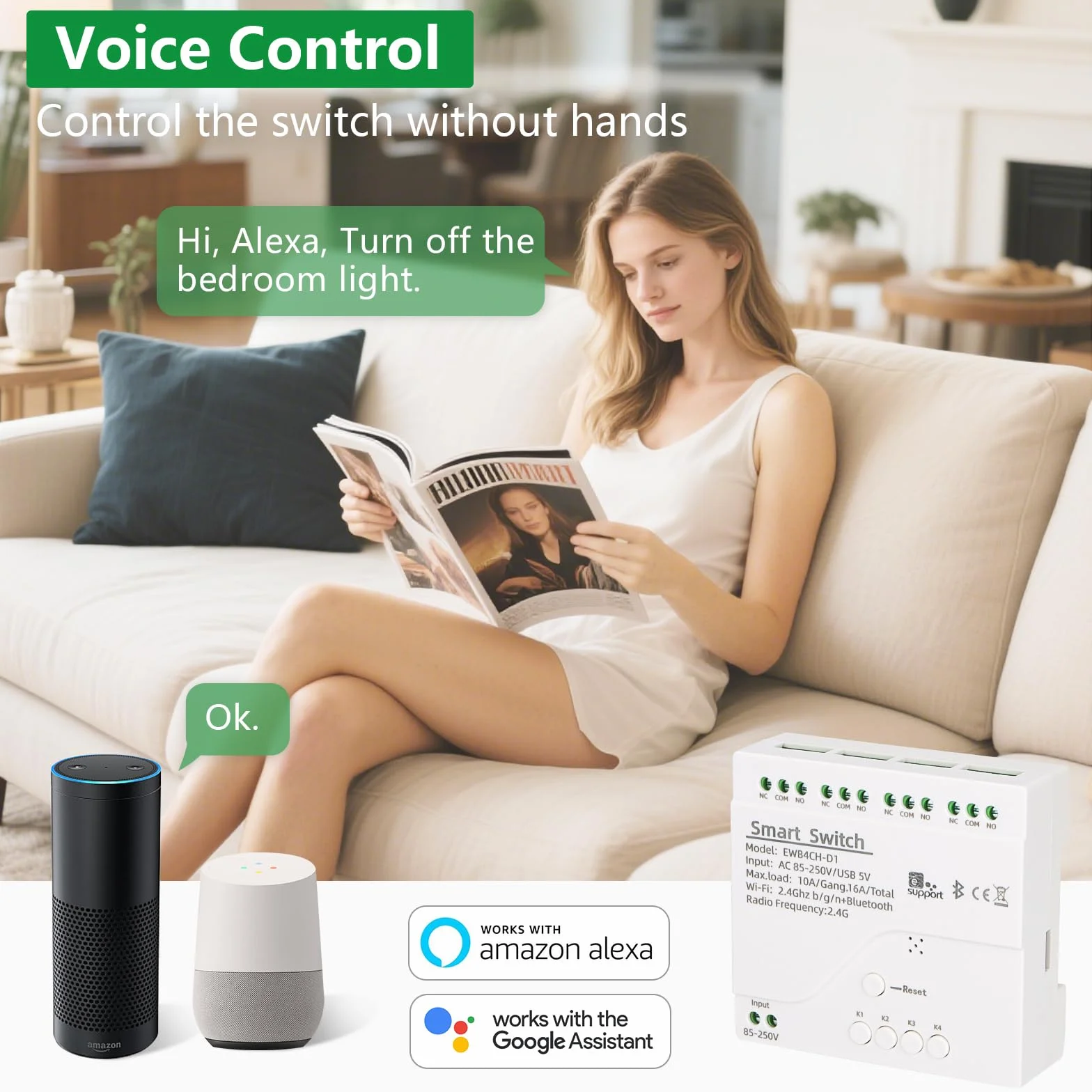 Wengart Interruptor de relé WiFi inteligente AC 85-250 V 10 A, módulo de relé de 4 canales de contacto seco, 2,4 GHz, aplicación Ewelink, funciona con Alexa Google Home, admite tres modos de control