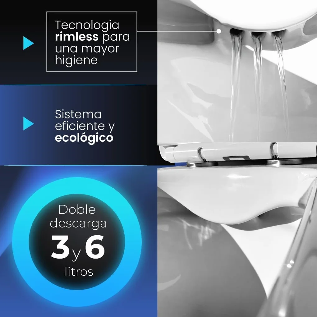 Inodoro Adaptado para Personas con Movilidad Reducida - WC con Sistema Rimless Antibacterias - Váter Ergonómico con Tapa UF Amortiguada y Altura Accesible - Salida Dual Eficiente
