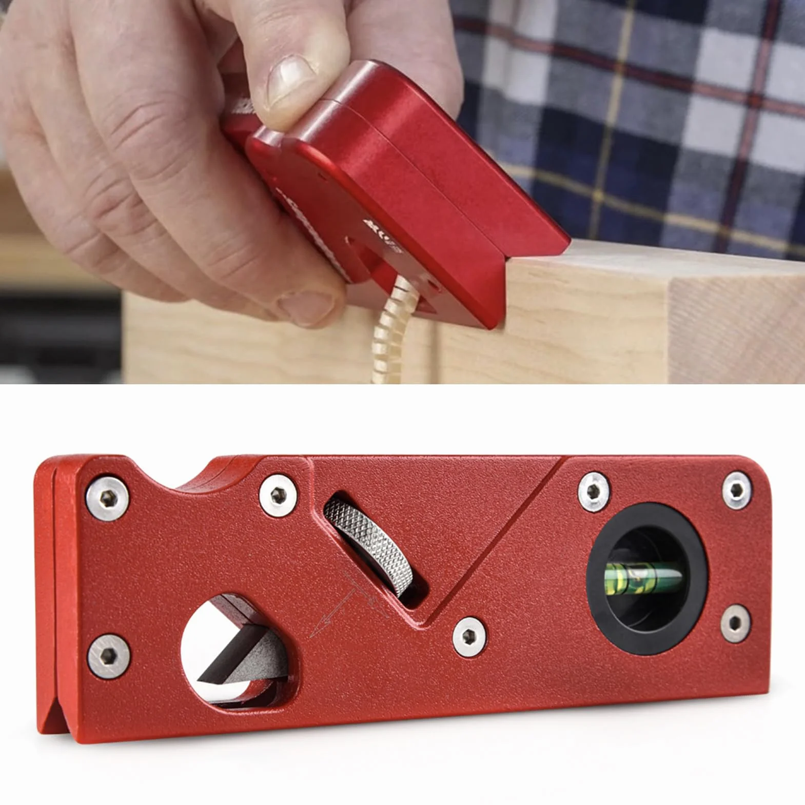 Multifunción Madera Cepillo, Cepillo Chaflán 45 Grados Contornos de Radio 1/8" 3/16" 1/4" Cepilladora Biseladora Cepillo Biselador Manual Con 2 Niveles de Burbuja, para Carpinteros (Rojo)