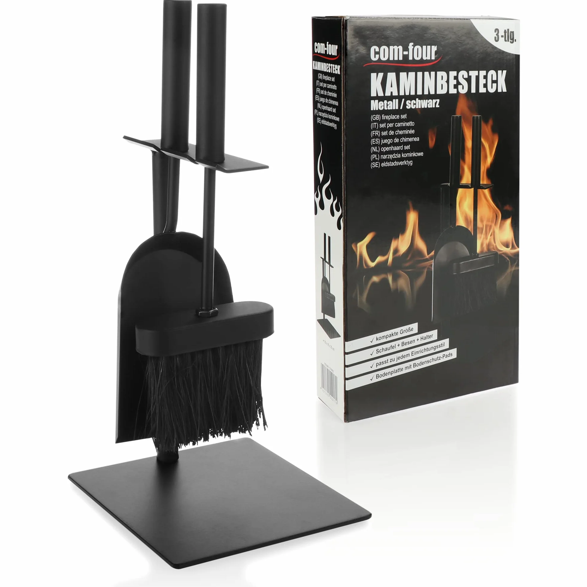 COM-FOUR® Conjunto de chimenea en negro en un tamaño compacto de metal, con pala, escoba y soporte-Ideal para estufas (003 piezas de cubiertos)