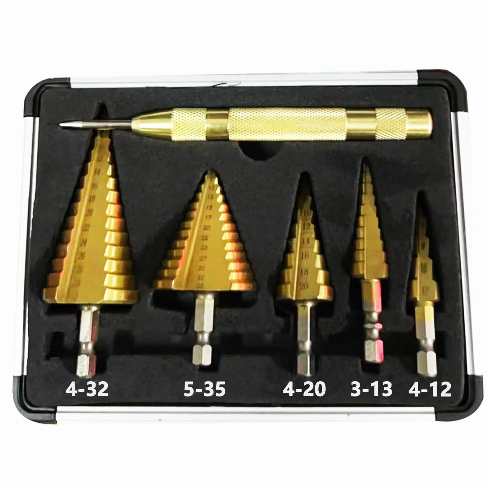 Genossen Broca Escalonada, 5pcs Brocas Cónicas HSS Titanio,（4-12mm, 3-13mm, 4-20mm, 4-32mm, 5-35mm）+1 perforadora central automática, acero de alta velocidad, revestimiento de titanio, para DIY madera