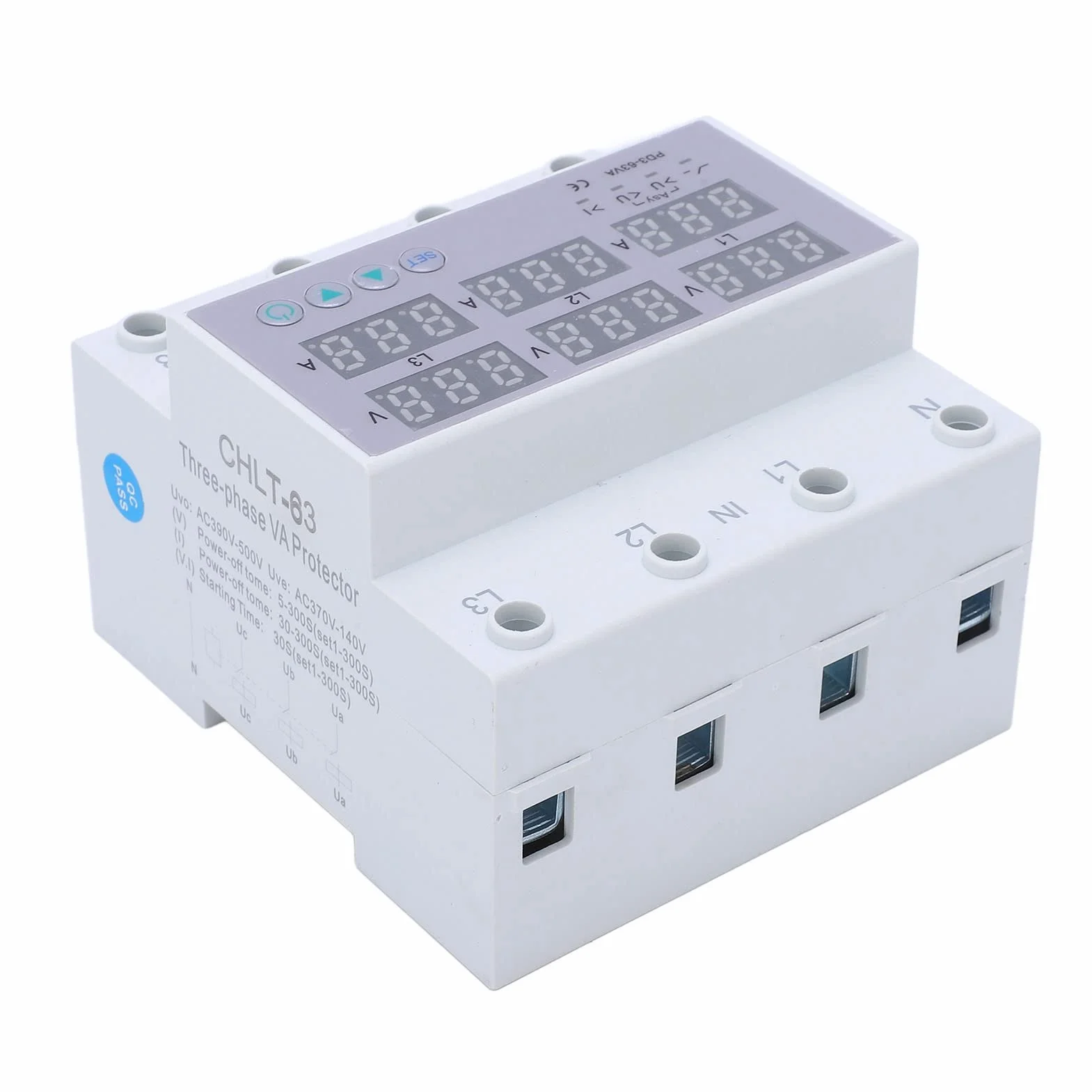 63A Probador Múltiple Amperímetro Voltímetro Riel DIN Trifásico CA 390‑500V Protector Sobrecorriente Sobrevoltaje Automático