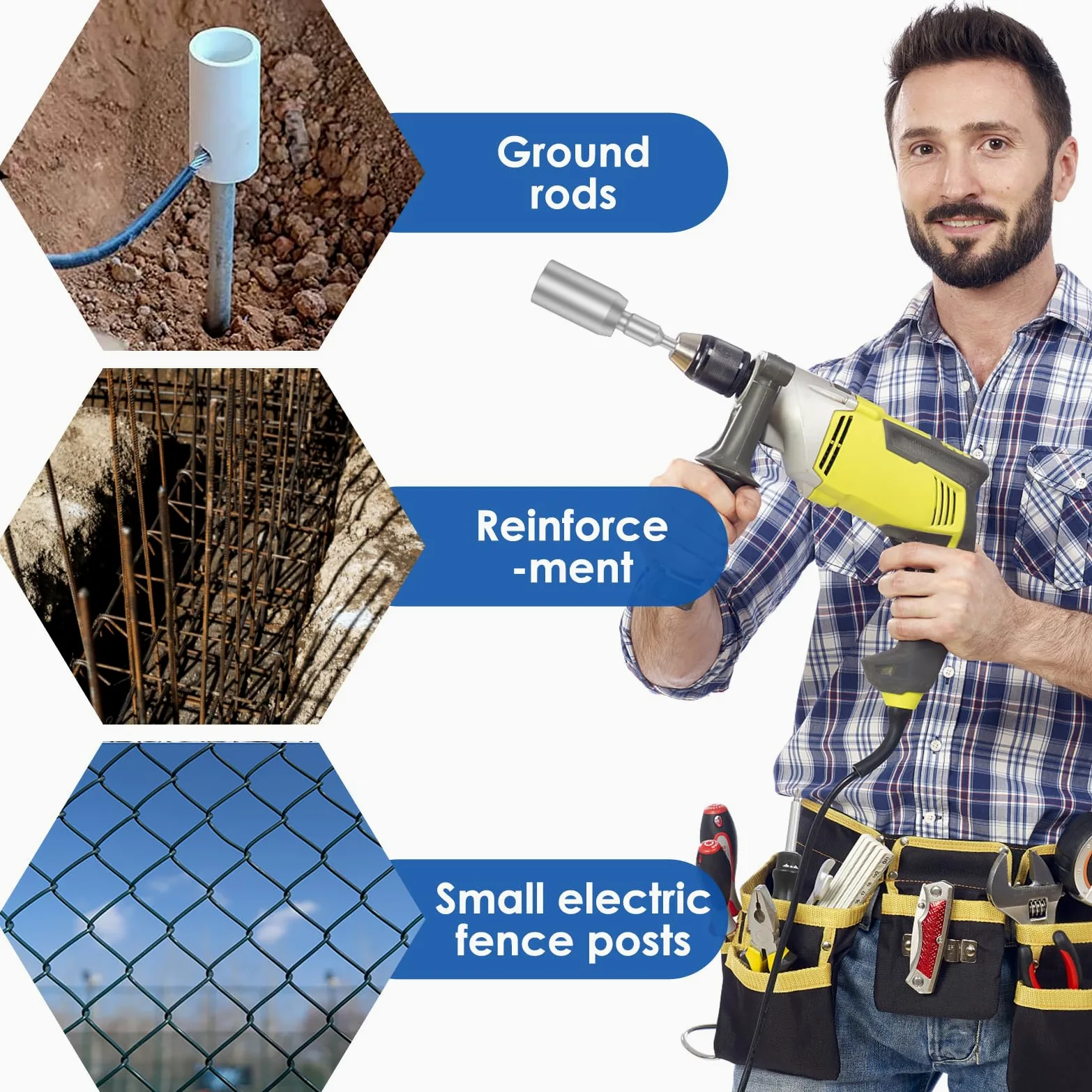SDS Plus - Destornillador de varilla de tierra con poste en T, herramienta de destornillador de varilla de tierra de 30/45/65 mm, destornillador de broca de acero forjado resistente, convertidor de